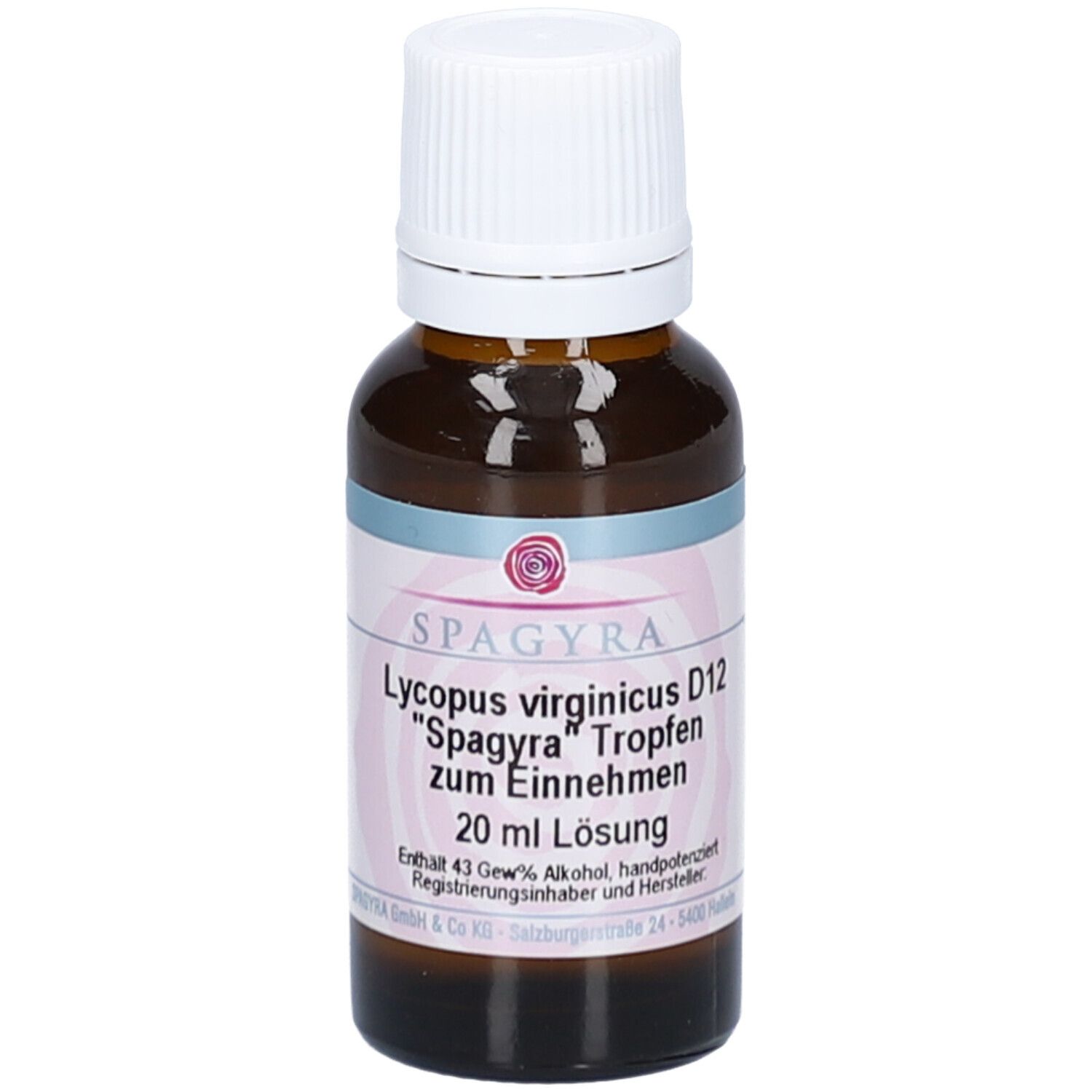 Braune Glasflasche mit weißem Deckel. Etikett mit Produktinformationen: SPAGYRA Lycopus virginicus D12, Tropfen. 20 ml Lösung.
