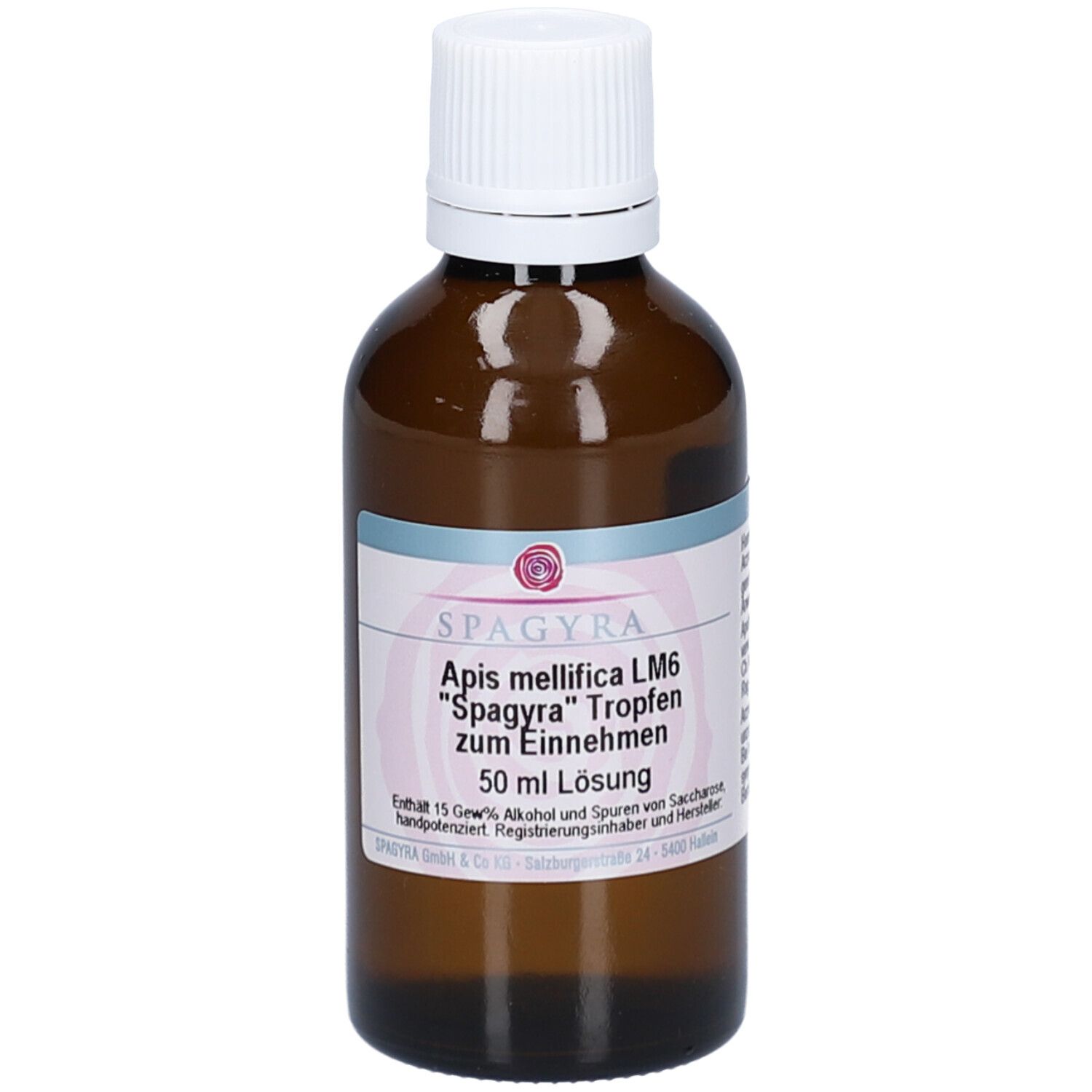 Braune Glasflasche mit weißem Schraubverschluss. Etikett mit Produktnamen und Inhaltsangaben. 50 ml Lösung.