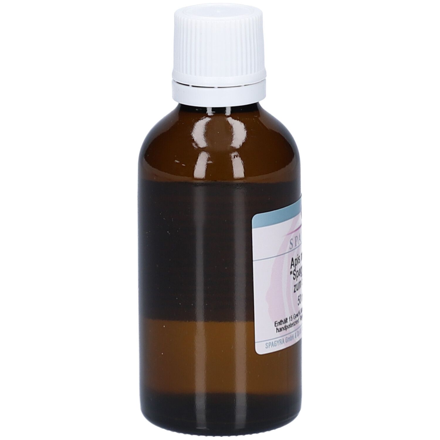 Braune Glasflasche mit weißem Schraubverschluss. Seitenansicht mit Etikett. Produktname teilweise sichtbar.