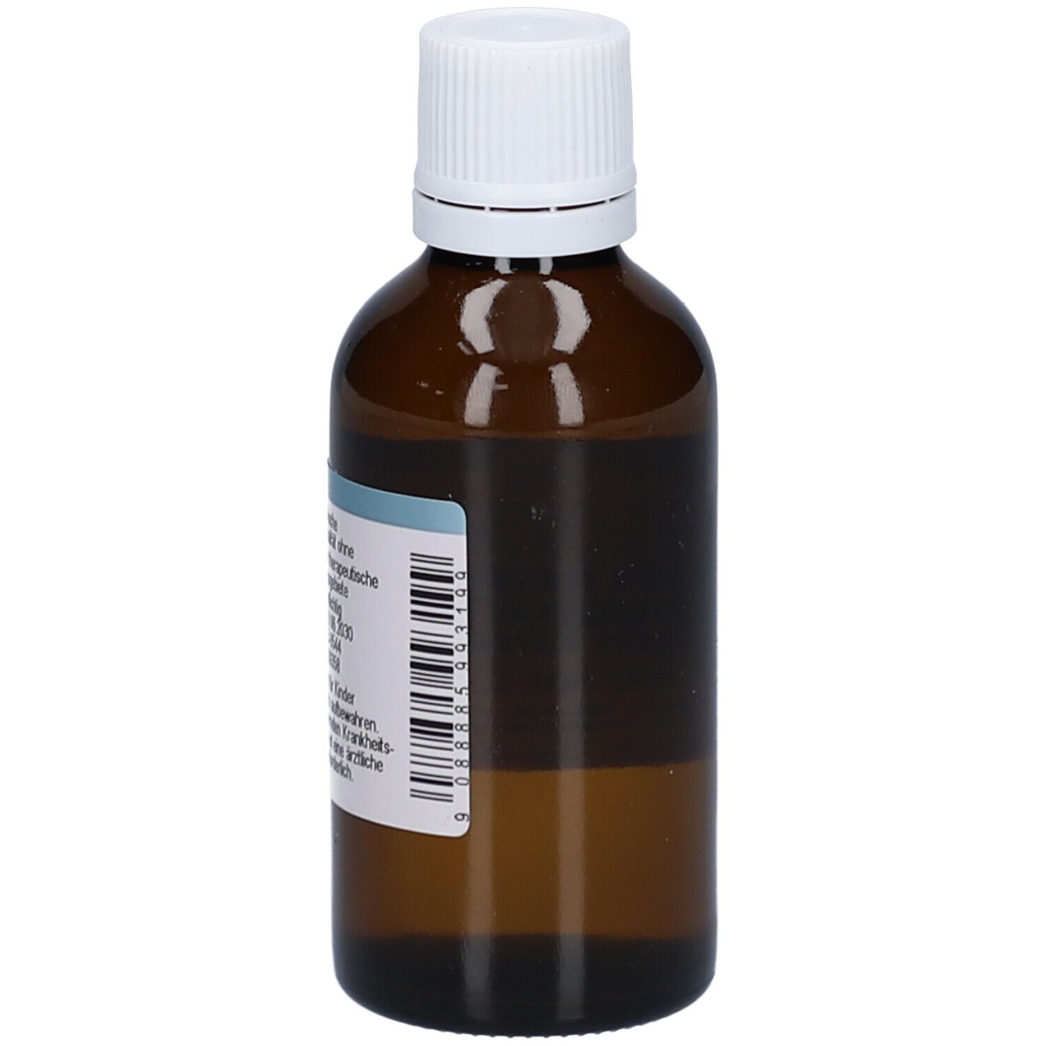 Braune Glasflasche mit weißem Schraubverschluss. Rückansicht mit Barcode und Text. Produktname nicht sichtbar.