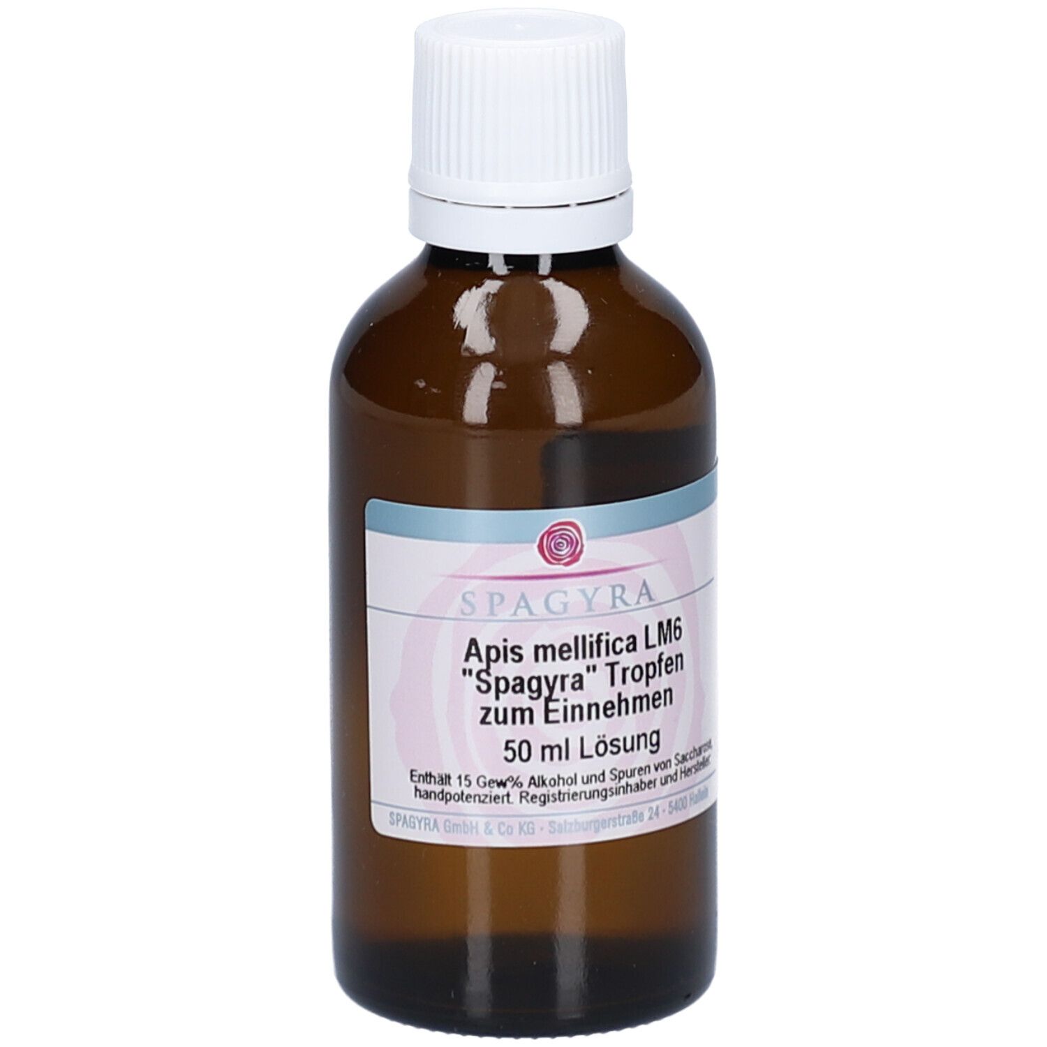 Braune Glasflasche mit weißem Schraubverschluss. Etikett mit Produktnamen und Inhaltsangaben. 50 ml Lösung.