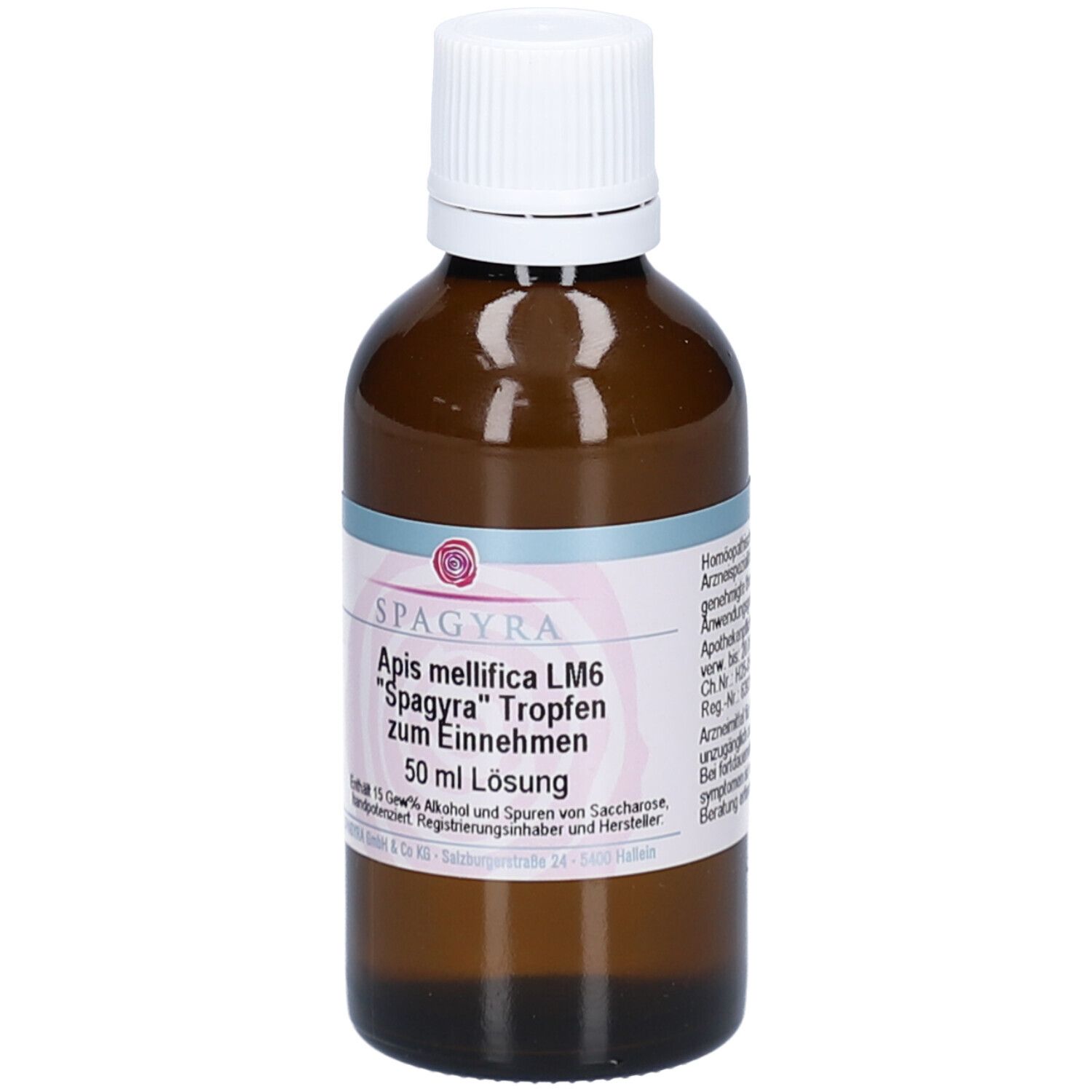 Braune Glasflasche mit weißem Schraubverschluss. Etikett mit Produktnamen und Inhaltsangaben. 50 ml Lösung.