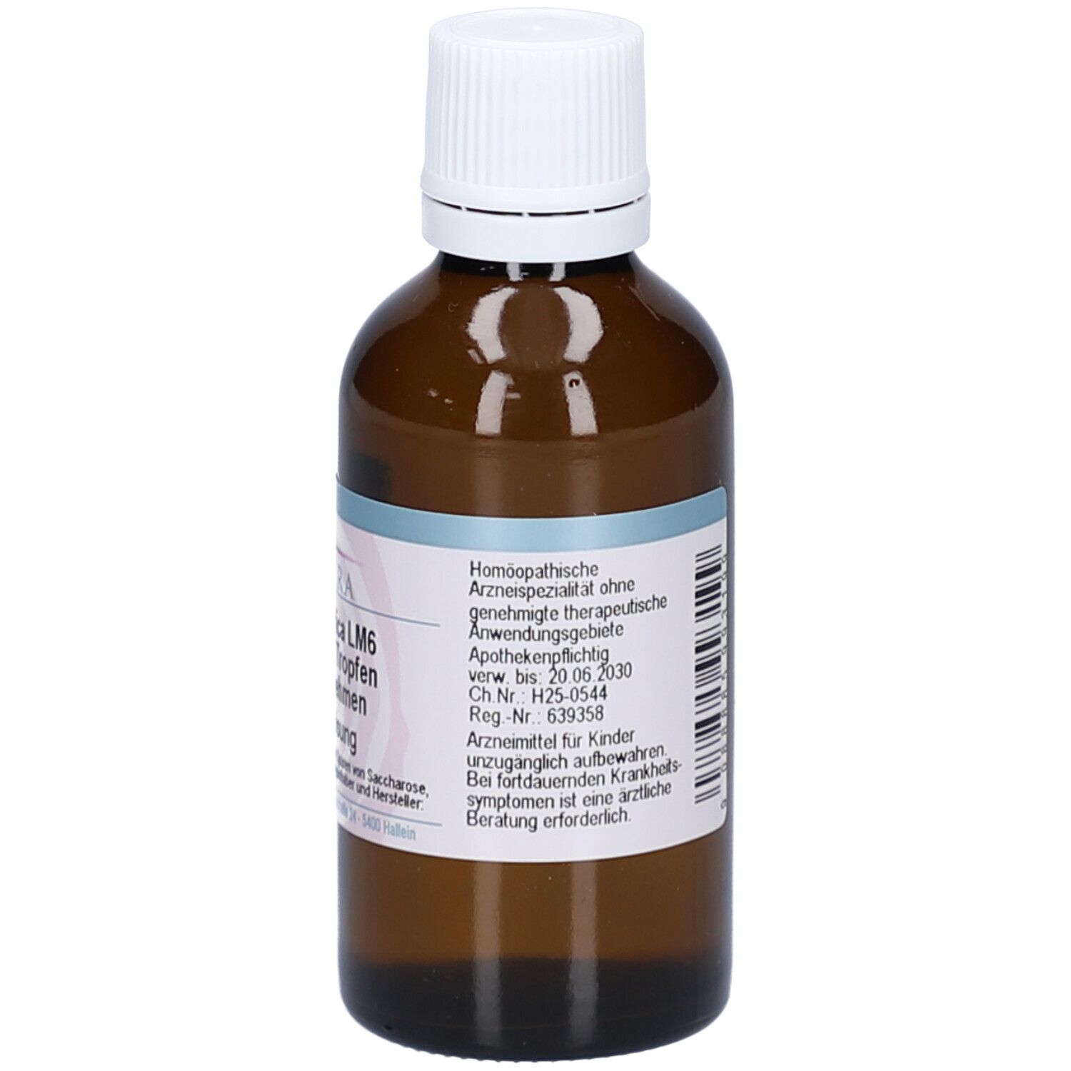 Braune Glasflasche mit weißem Schraubverschluss. Rückansicht mit Text und Informationen. Produktname nicht sichtbar.