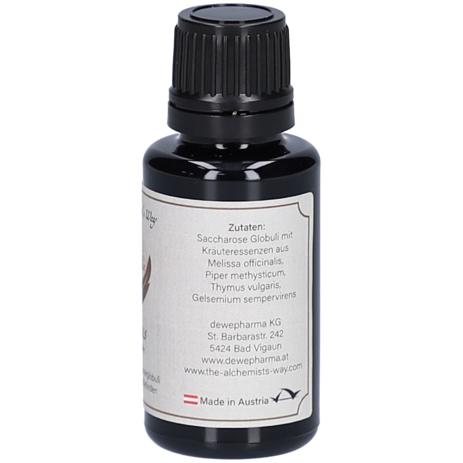 Braune Glasflasche mit schwarzem Deckel. Etikett mit Text: Zutaten: Saccharose Globuli mit Kräuterextrakten. Hergestellt in Österreich.