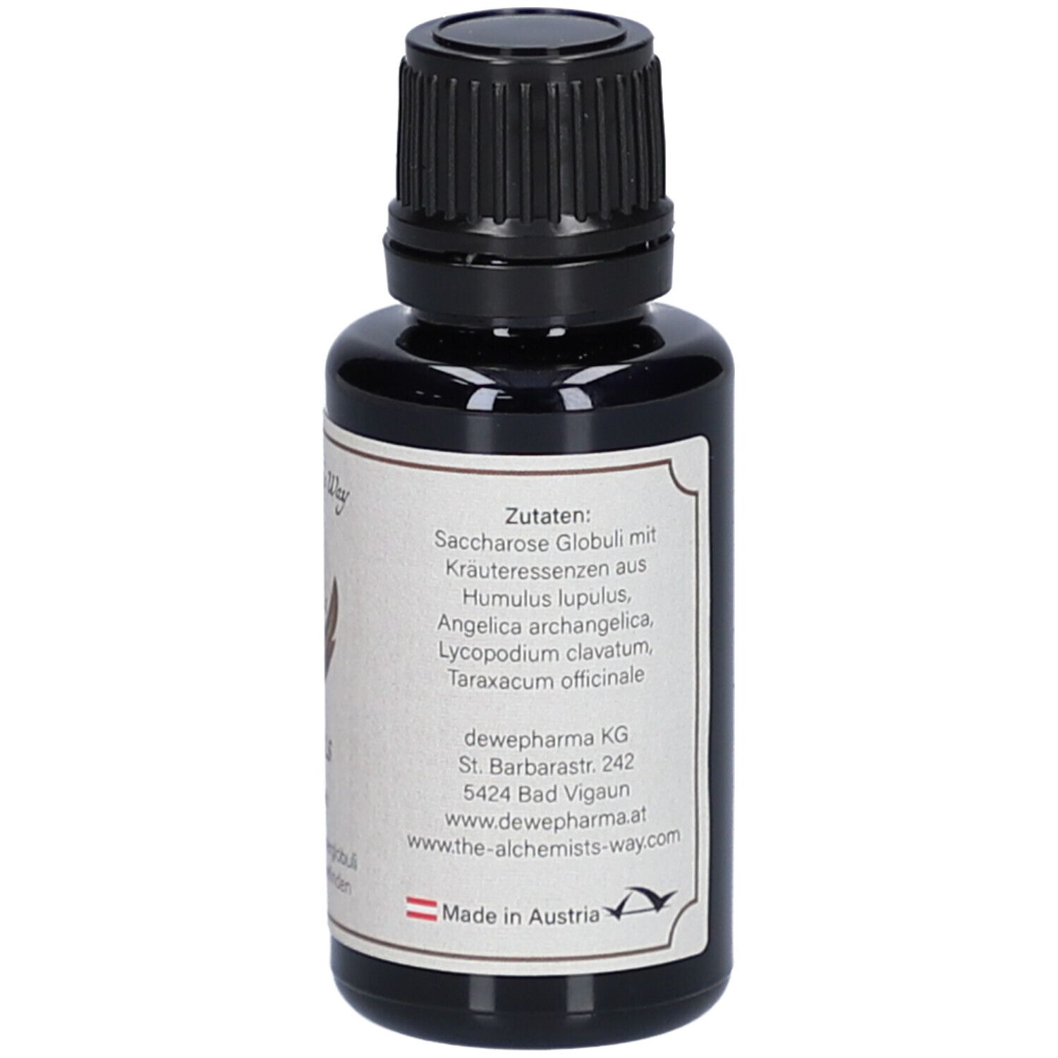 Braune Glasflasche mit schwarzem Deckel. Etikett mit Zutatenliste und Herstellerinformationen.