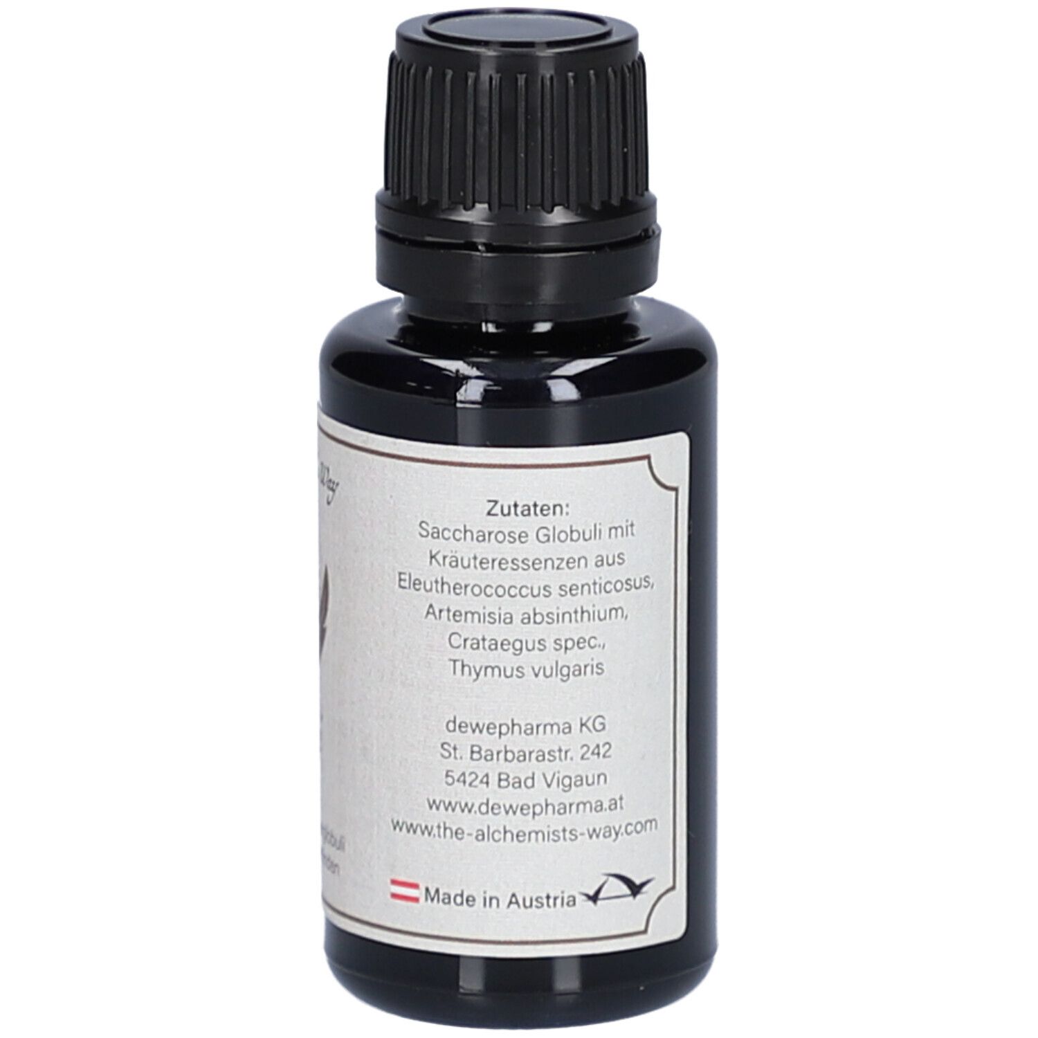 Rückseite der braunen Glasflasche. Etikett mit Zutatenliste. Dewepharma KG. Made in Austria. Alchemist's Way.