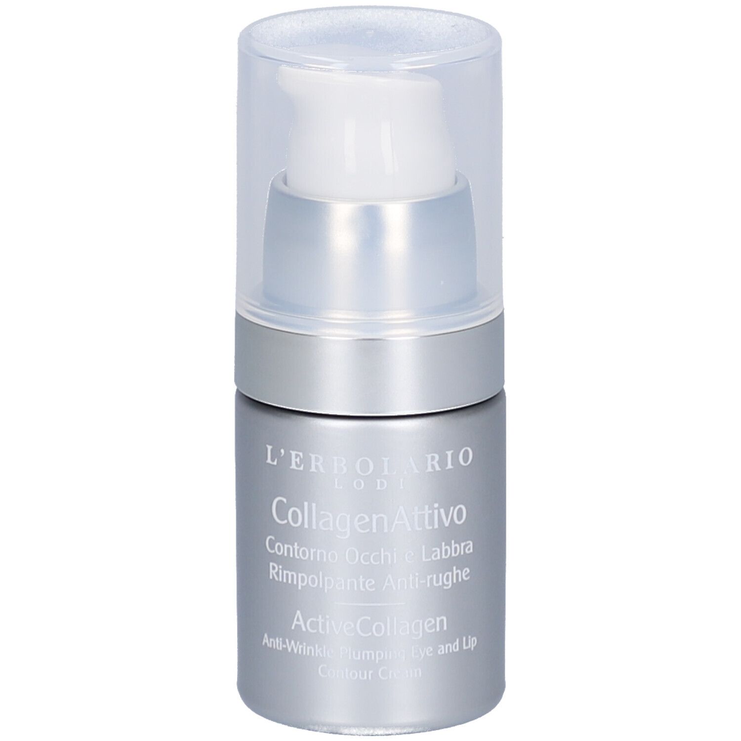 Silberne Flasche mit weißem Pumpkopf. Beschriftung: L'Erbolario, CollagenAttivo, ActiveCollagen. Augen- und Lippenkonturencreme.