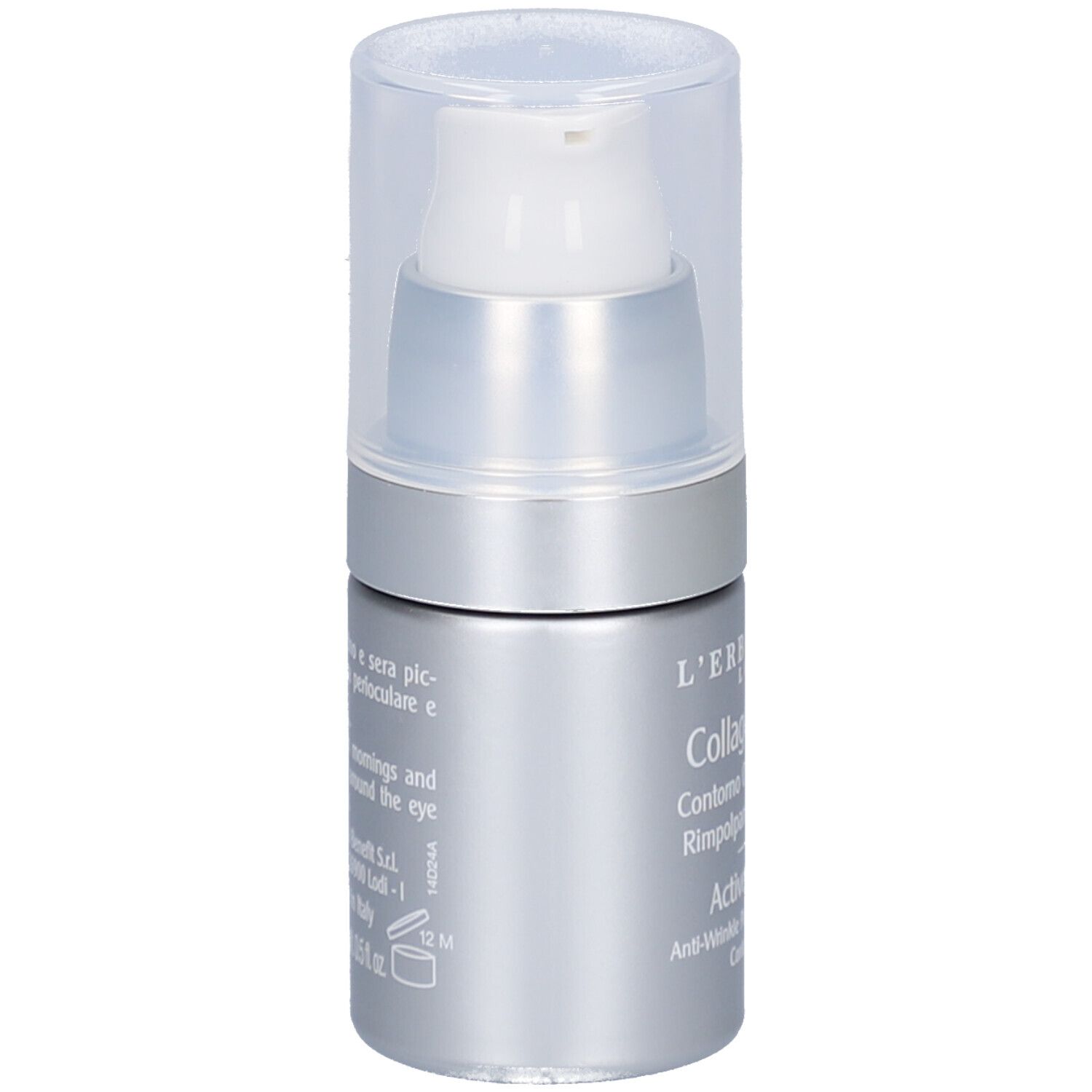 Rückansicht der silbernen Flasche mit weißem Pumpkopf. Beschriftung: L'Erbolario, CollagenAttivo, ActiveCollagen. Text in mehreren Sprachen.