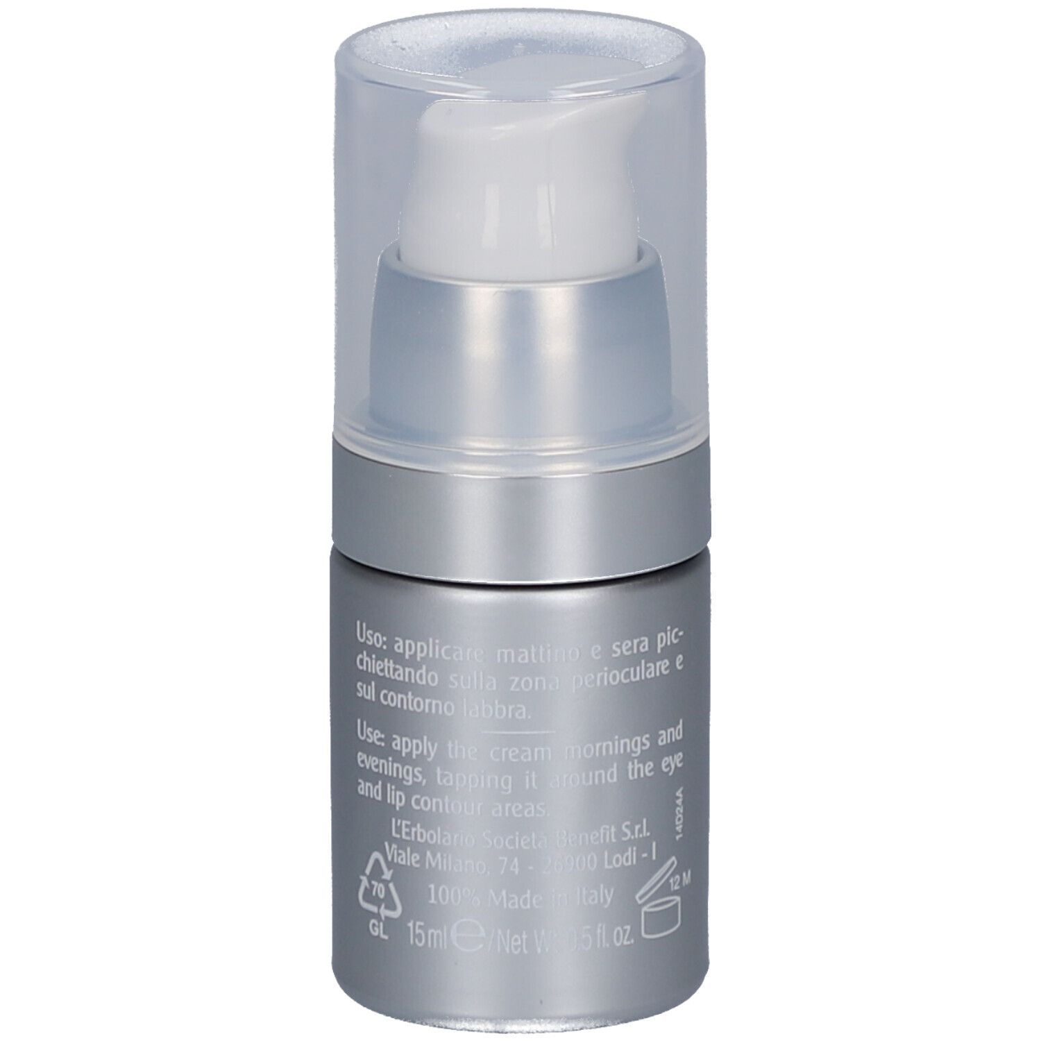 Rückansicht der silbernen Flasche mit weißem Pumpkopf. Text in mehreren Sprachen, darunter Anwendungsanweisungen.