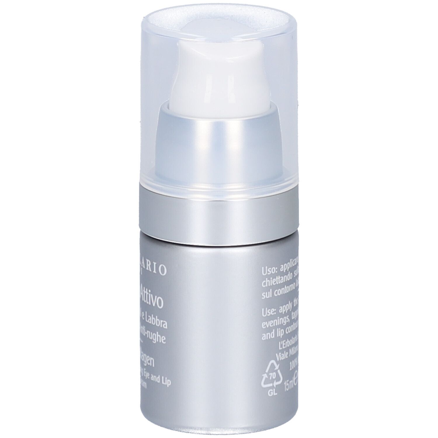 Nahaufnahme der silbernen Flasche mit weißem Pumpkopf. Text in mehreren Sprachen, darunter Anwendungsanweisungen.