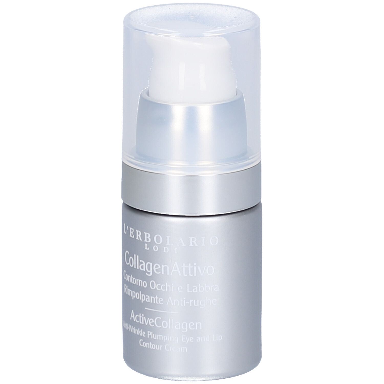 Silberne Flasche mit weißem Pumpkopf. Beschriftung: L'Erbolario, CollagenAttivo, ActiveCollagen. Augen- und Lippenkonturencreme.