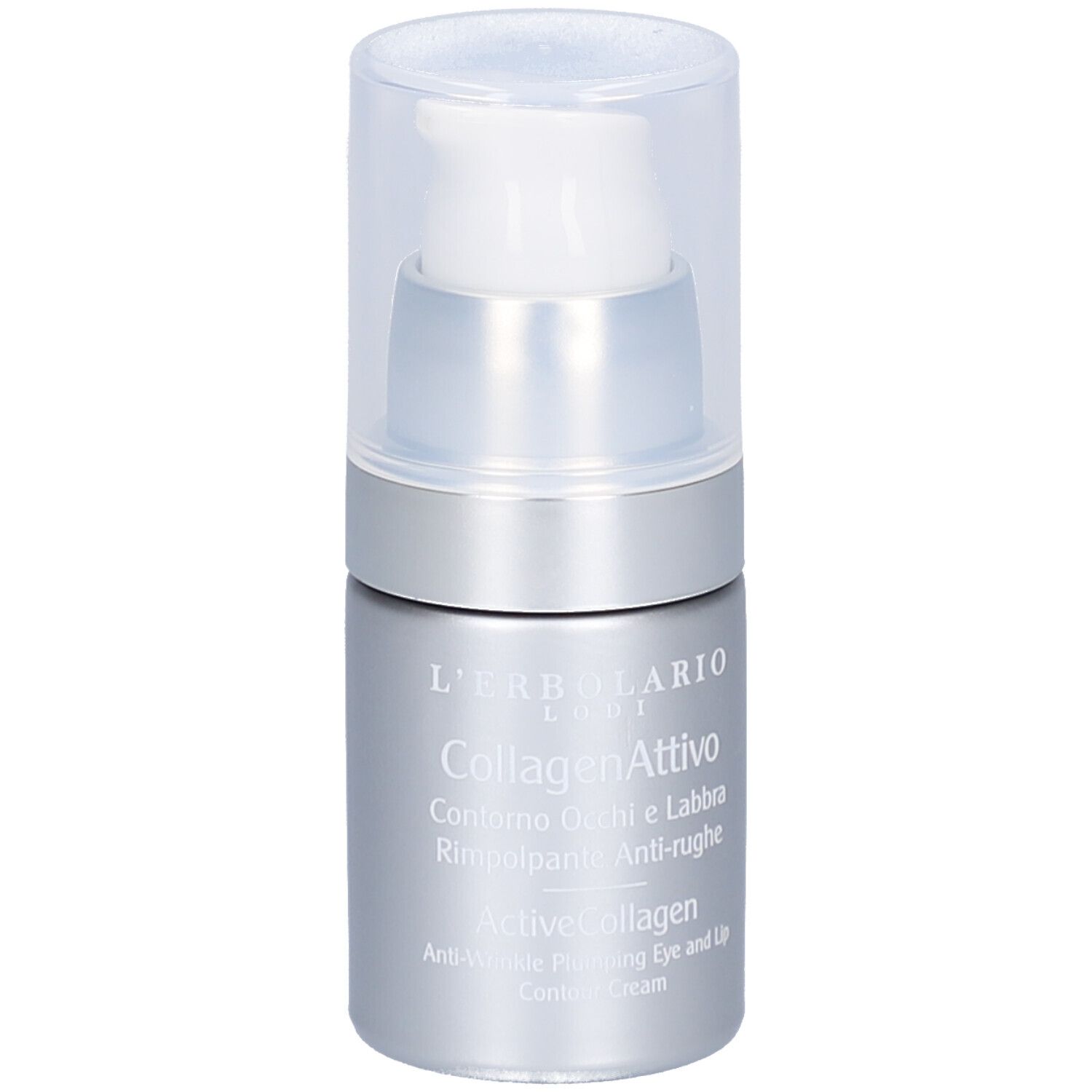 Silberne Flasche mit weißem Pumpkopf. Beschriftung: L'Erbolario, CollagenAttivo, ActiveCollagen. Augen- und Lippenkonturencreme.