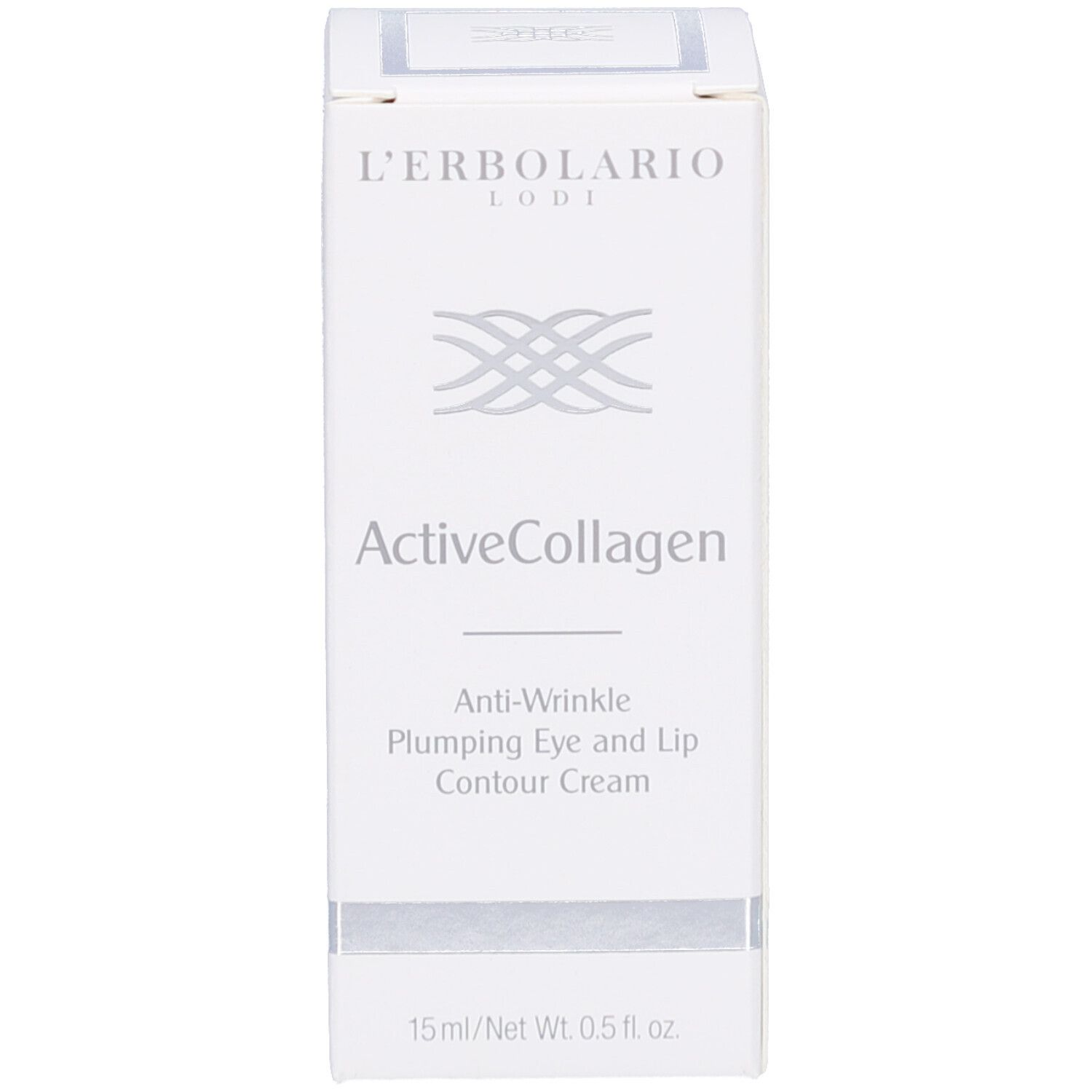 Weiße Produktverpackung. Beschriftung: L'Erbolario, ActiveCollagen, Anti-Wrinkle, Plumping Eye and Lip Contour Cream.