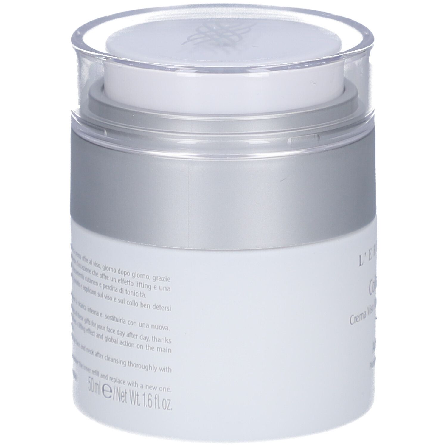 Weißer Tiegel mit silbernem Deckel. Text auf der Rückseite. Aufschrift: L'Erbolario, CollagenAttivo, 50ml.