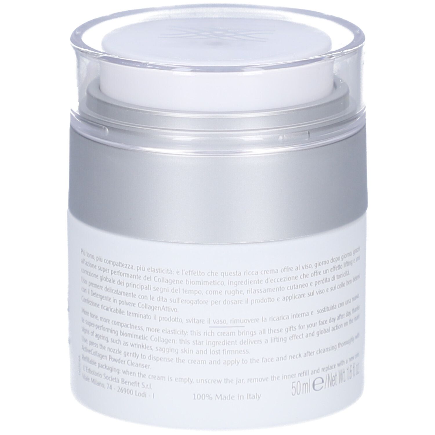 Weißer Tiegel mit silbernem Deckel. Text auf der Rückseite. Aufschrift: L'Erbolario, CollagenAttivo, 50ml.