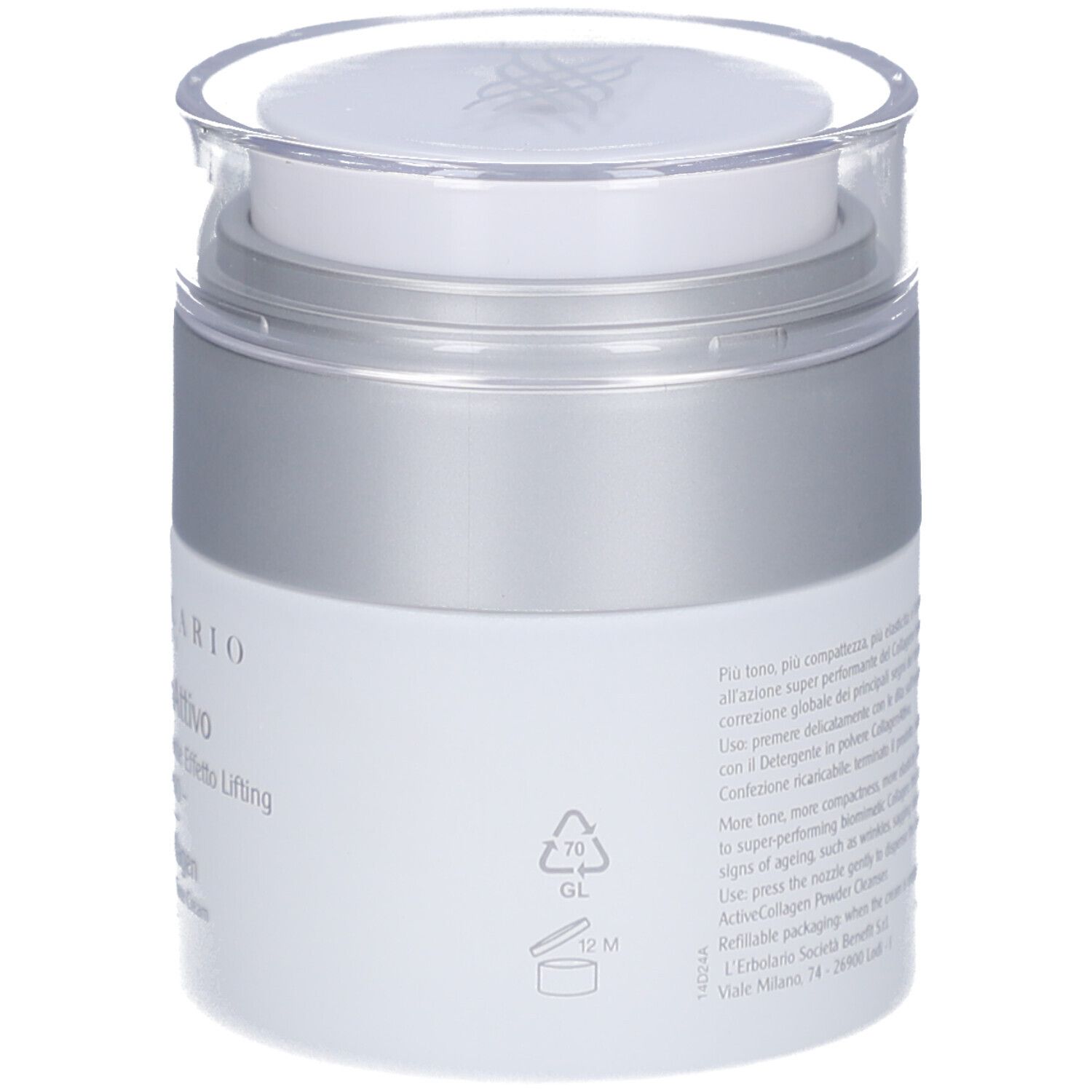 Weißer Tiegel mit silbernem Deckel. Text auf der Rückseite. Aufschrift: L'Erbolario, CollagenAttivo, 50ml.