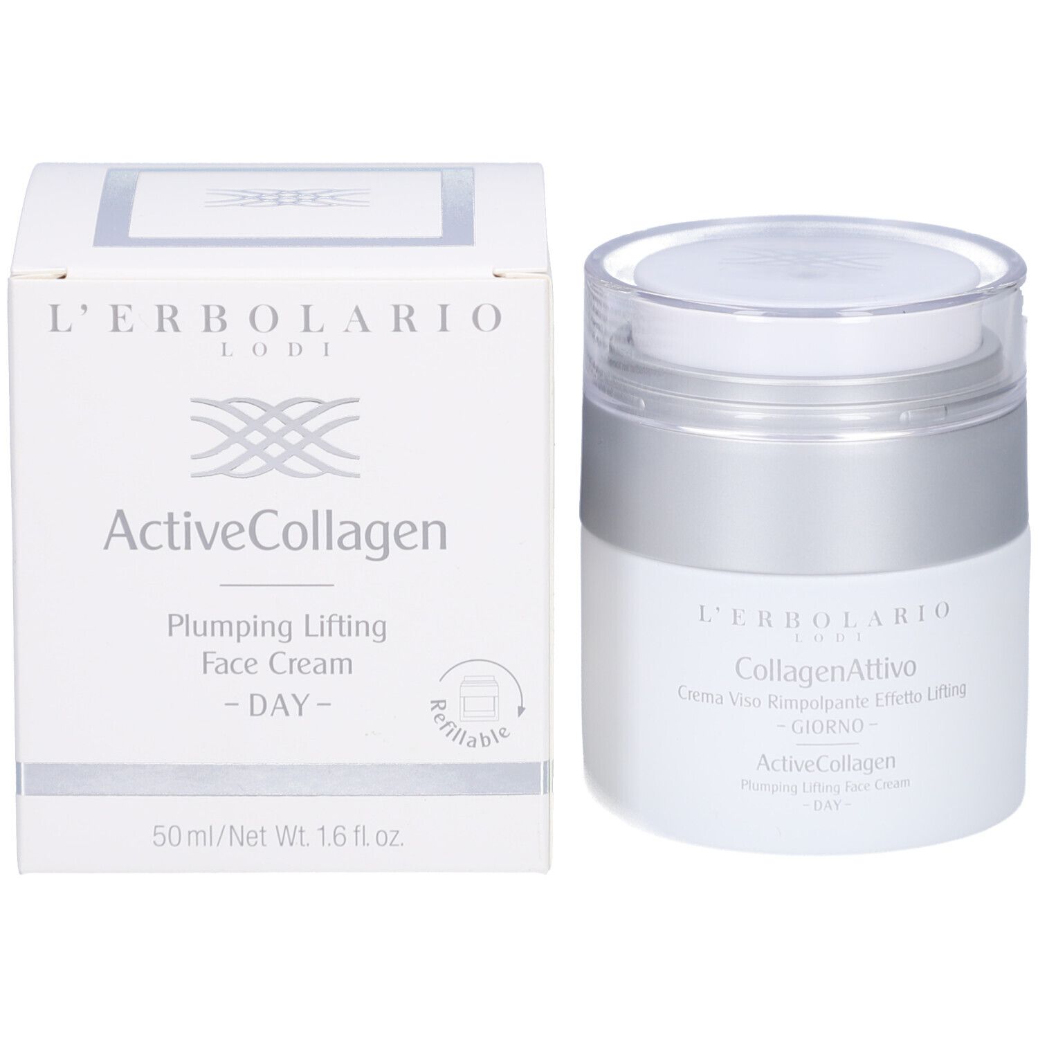 Produkt und Verpackung. Weißer Tiegel und Schachtel. Aufschrift: L'Erbolario, ActiveCollagen, 50ml.