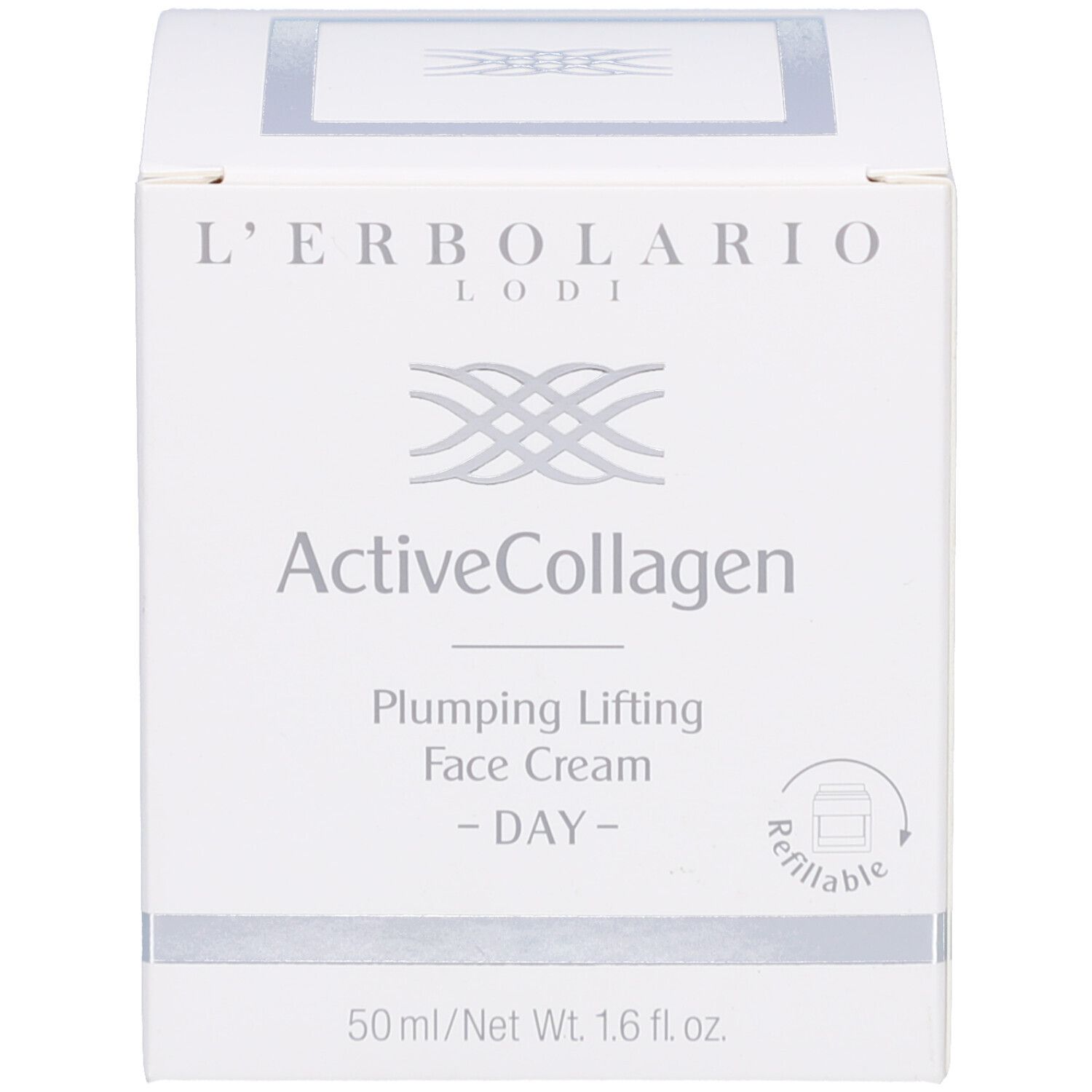 Weiße Schachtel. Aufschrift: L'Erbolario, ActiveCollagen, Tagescreme, 50ml.