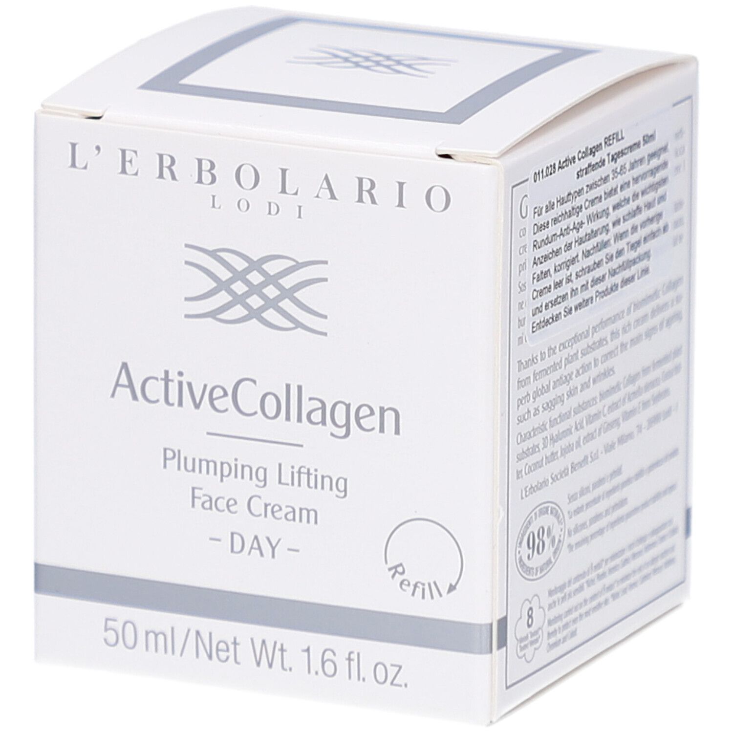 Weiße Faltschachtel mit Produktnamen und Logo. Enthält Active Collagen Tagescreme. 50 ml/1.6 fl. oz. Refill-Symbol.