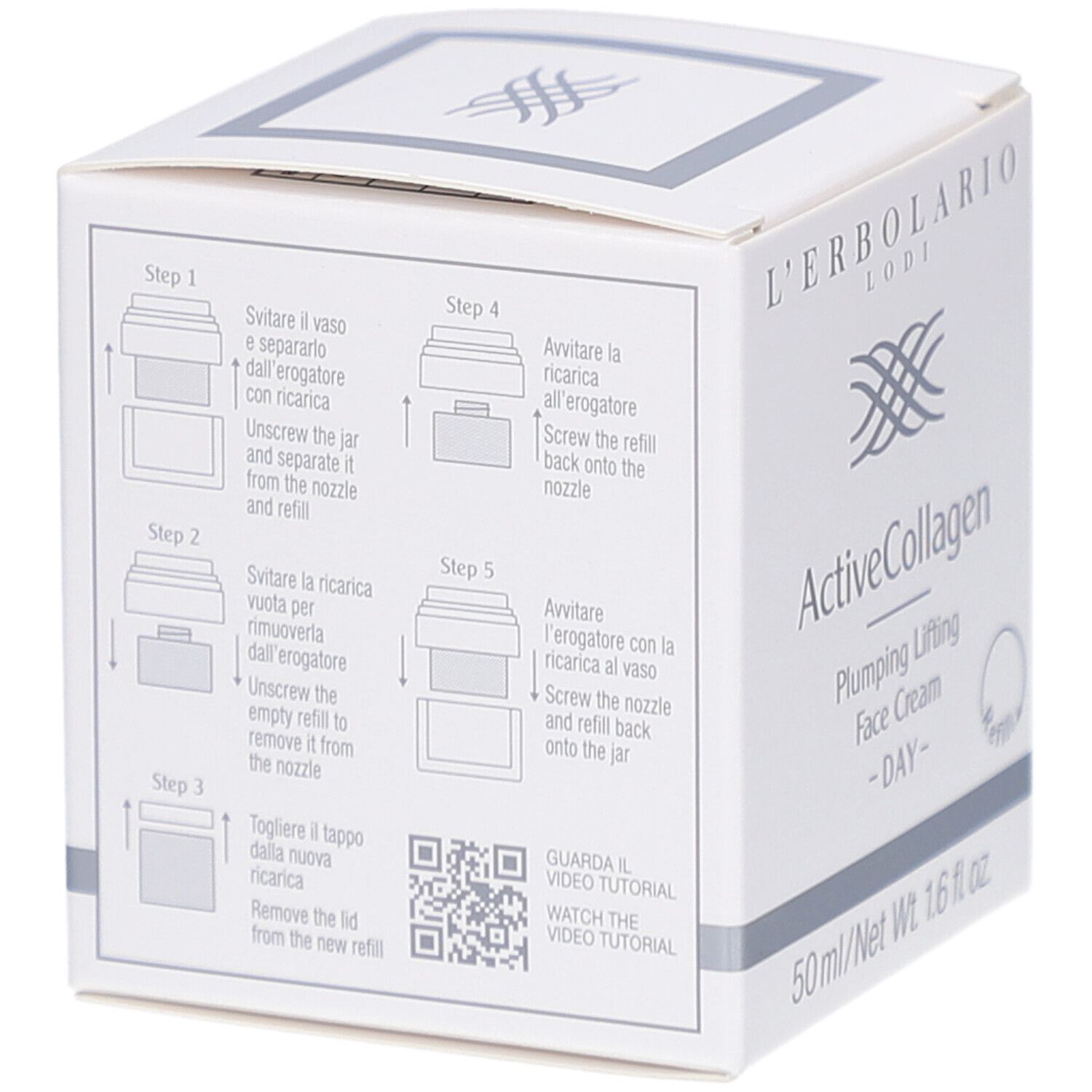 Weiße Faltschachtel mit Produktnamen und Logo. Rückseite mit Anweisungen und QR-Code für Video. 50 ml/1.6 fl. oz.