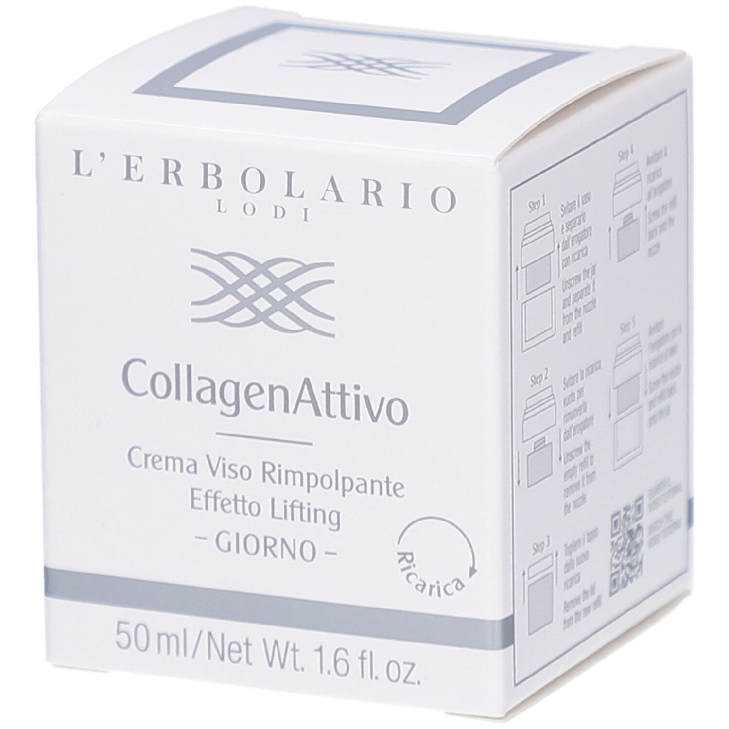 Weiße Faltschachtel mit Produktnamen und Logo. Enthält CollagenAttivo Creme. 50 ml/1.6 fl. oz. Ricarica-Symbol.