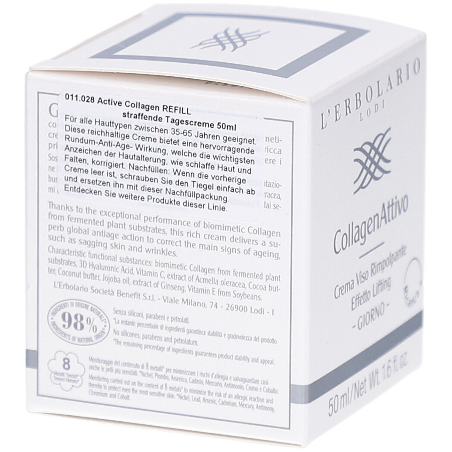 Weiße Faltschachtel mit Produktnamen und Logo. Enthält Active Collagen Tagescreme. Rückseite mit Text. 50 ml/1.6 fl. oz.