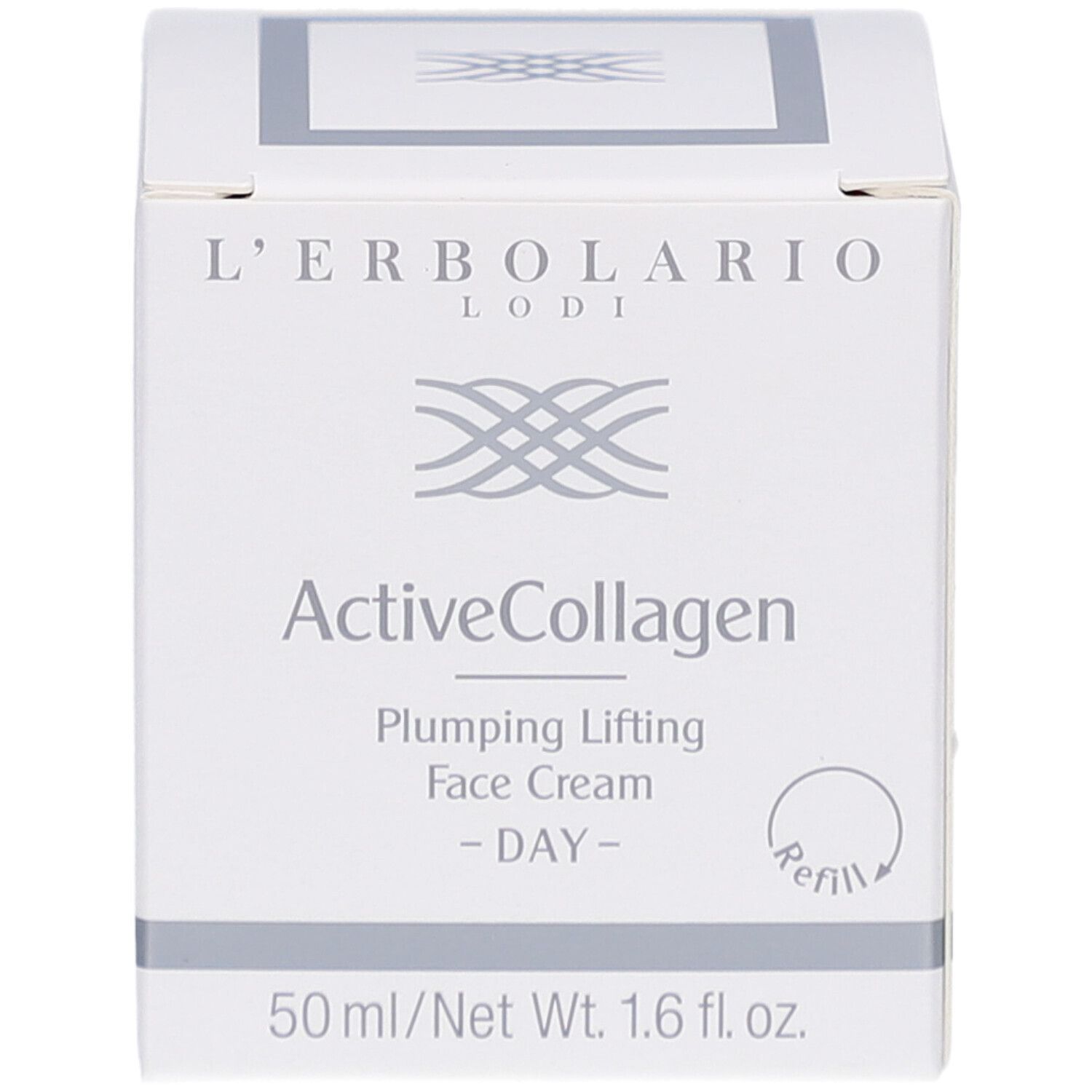 Weiße Faltschachtel mit Produktnamen und Logo. Enthält Active Collagen Tagescreme. 50 ml/1.6 fl. oz. Refill-Symbol.