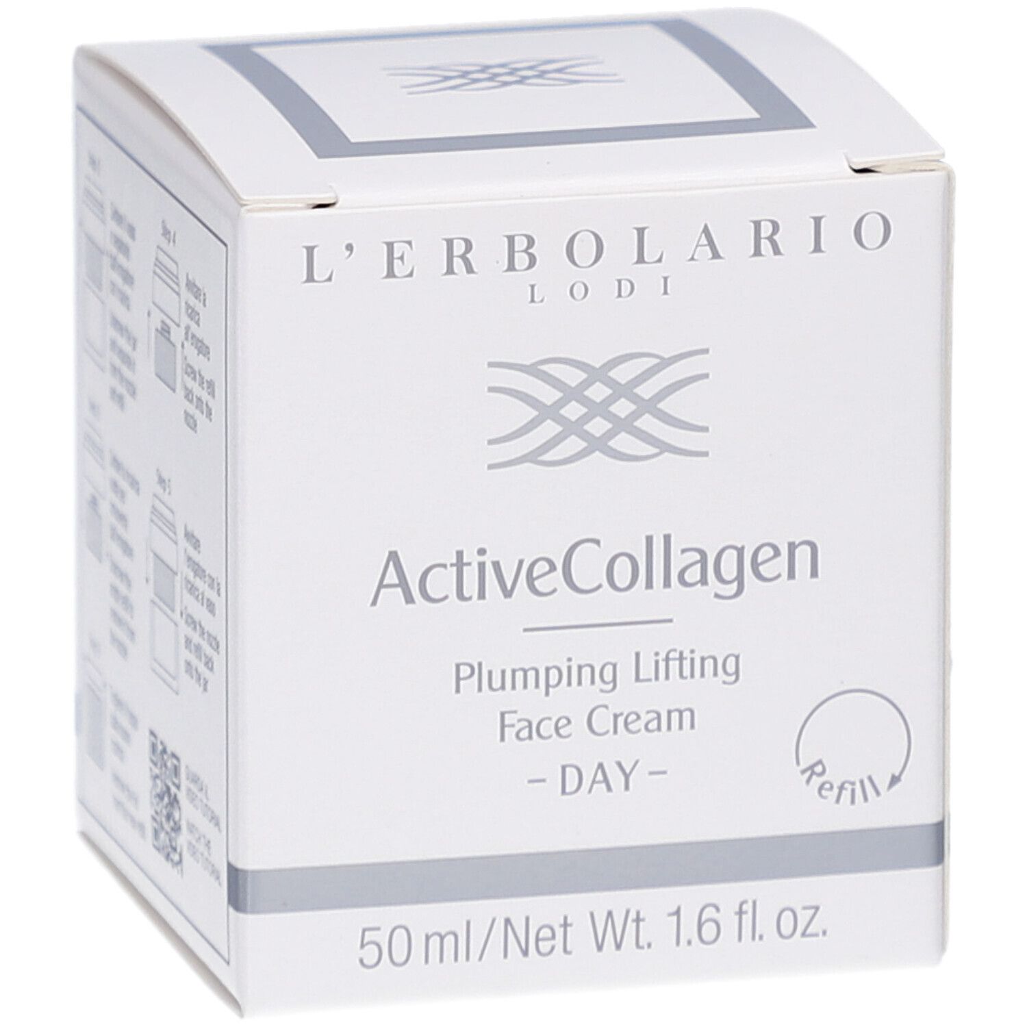 Weiße Faltschachtel mit Produktnamen und Logo. Enthält Active Collagen Tagescreme. 50 ml/1.6 fl. oz. Refill-Symbol.