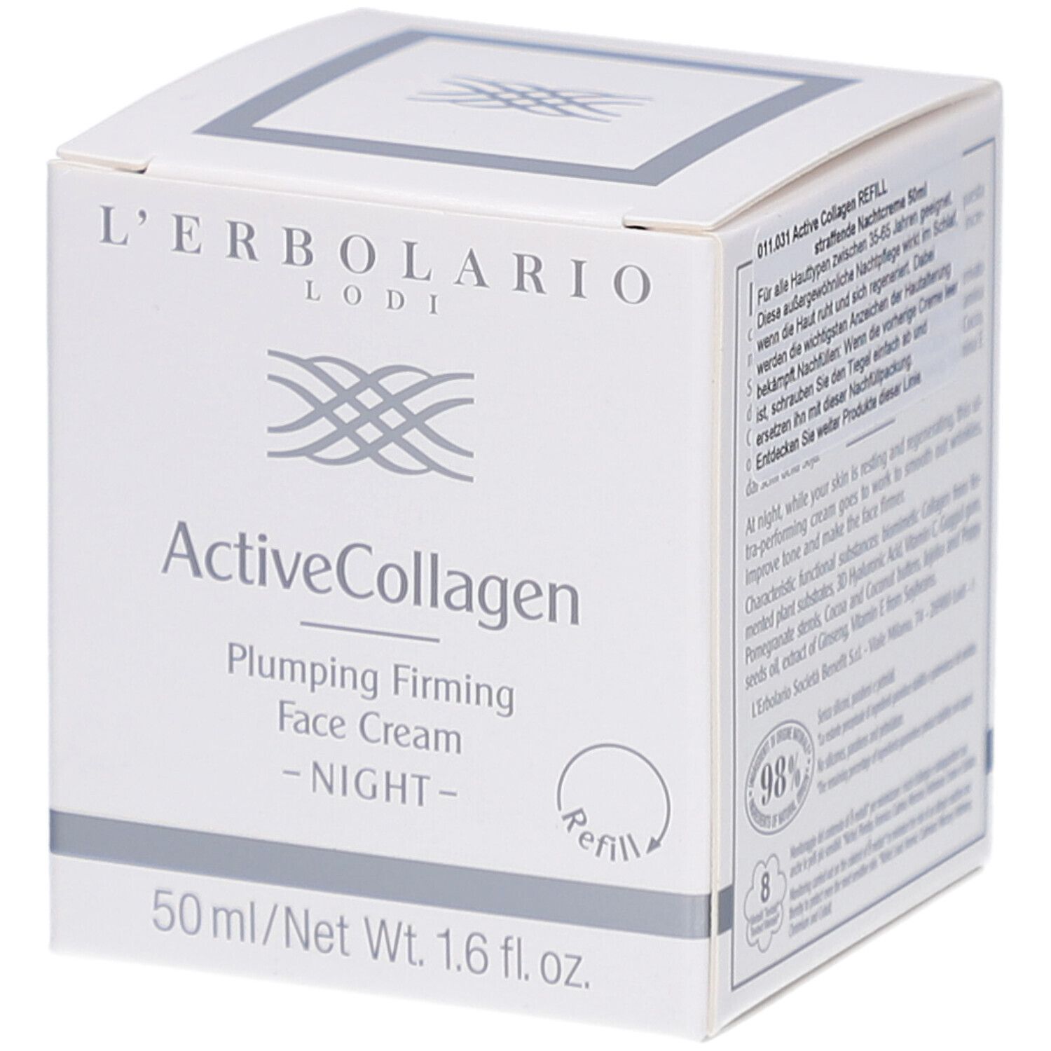 Weißer Karton mit Produktnamen ActiveCollagen, Nachtcreme. Marke L'Erbolario. 50ml/1.6 fl.oz. Mit 98% Inhaltsstoffen natürlichen Ursprungs.