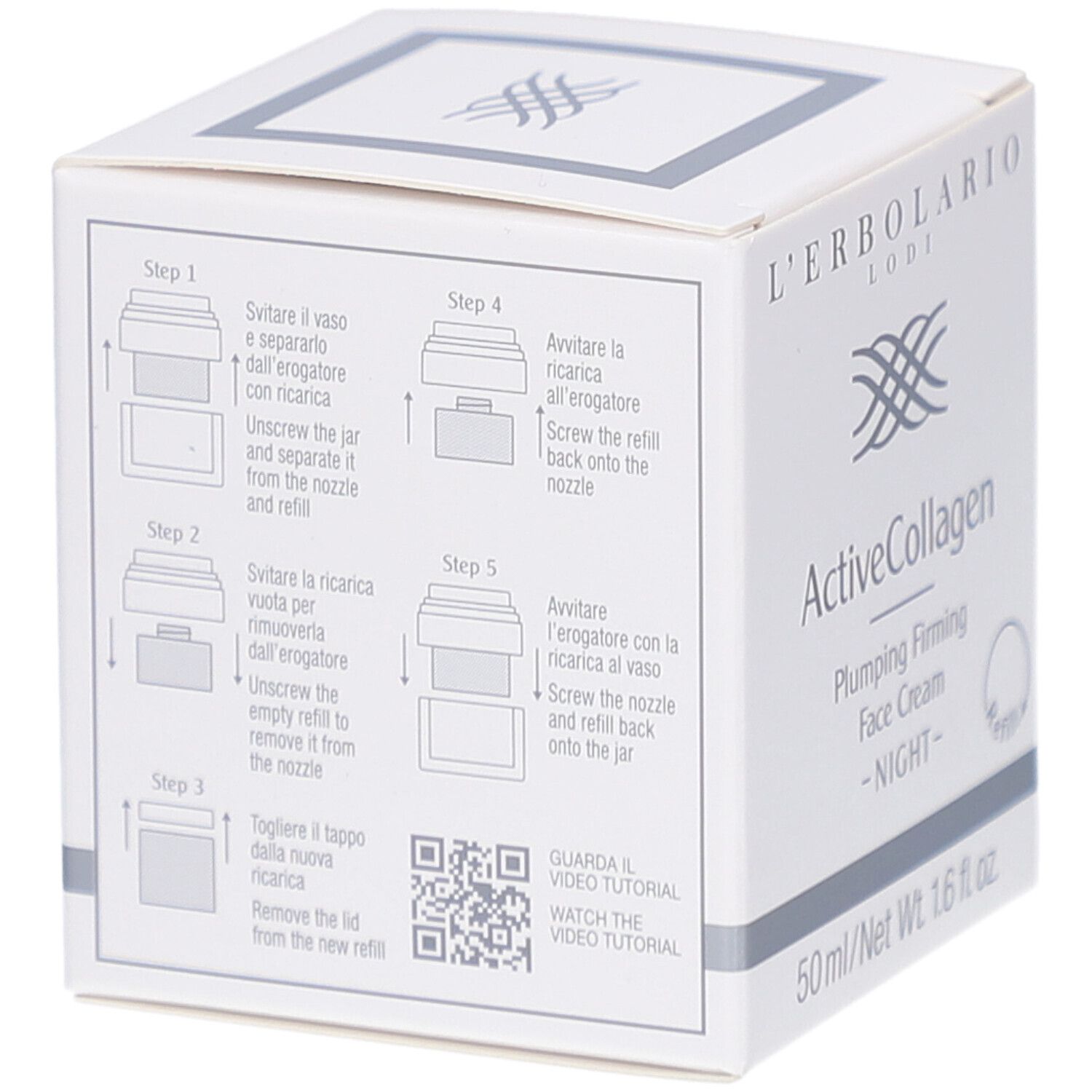 Weißer Karton mit ActiveCollagen. Marke L'Erbolario. Anweisungen zum Nachfüllen. QR-Code für Videoanleitung.