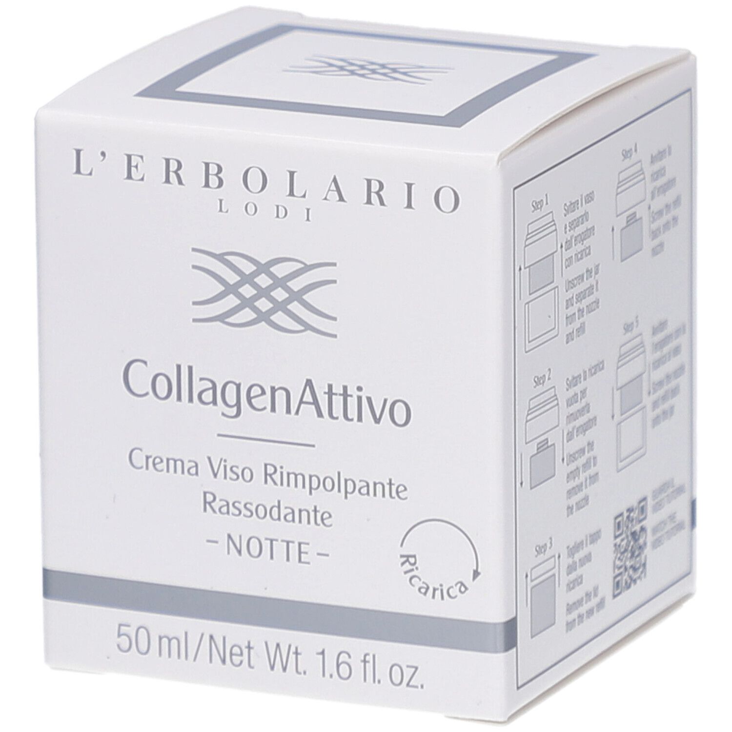 Weißer Karton mit CollagenAttivo, Nachtcreme. Marke L'Erbolario. 50ml/1.6 fl.oz. Anweisungen zum Nachfüllen.