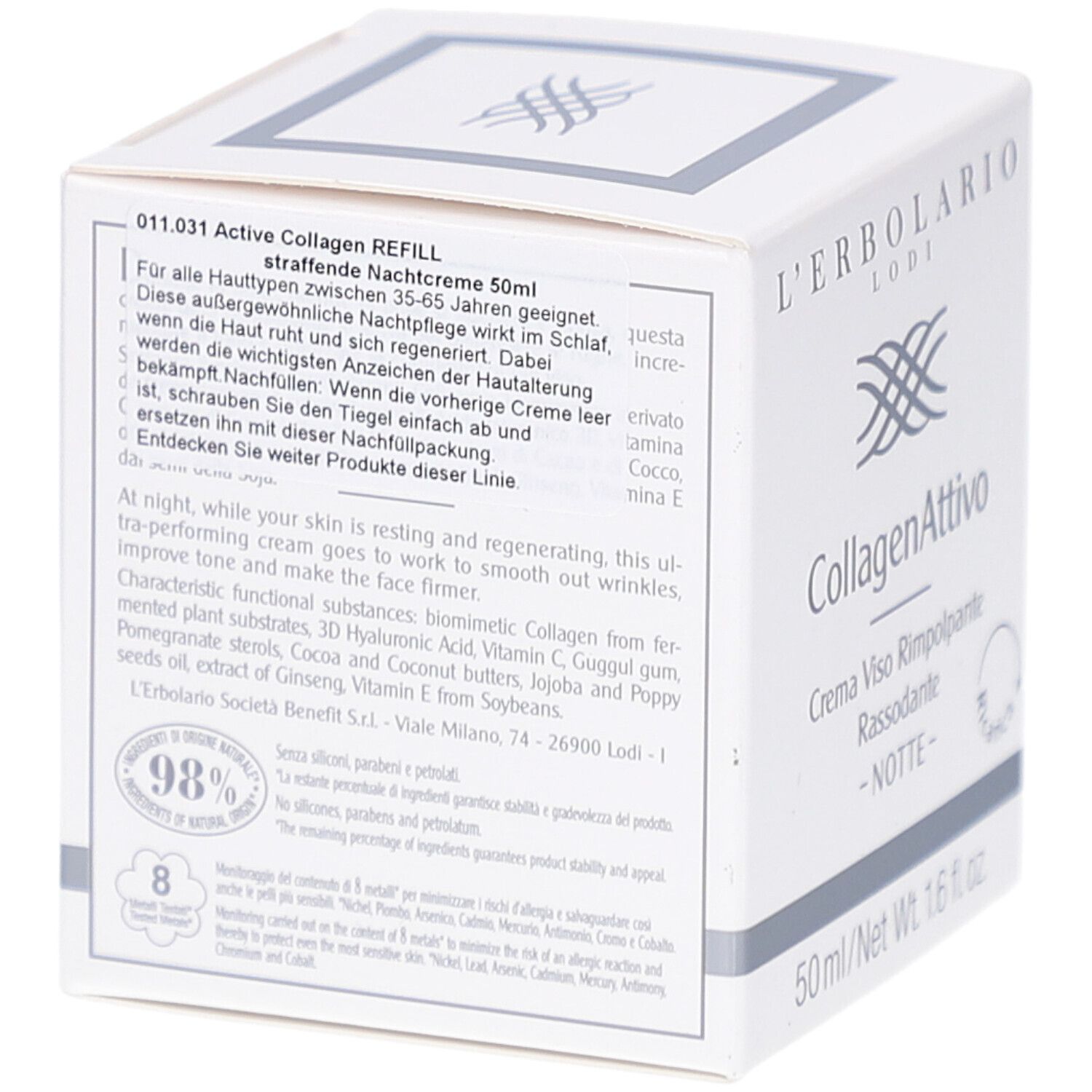 Weißer Karton mit CollagenAttivo, Nachtcreme. Marke L'Erbolario. 50ml/1.6 fl.oz. 98% Inhaltsstoffe natürlichen Ursprungs. Text.