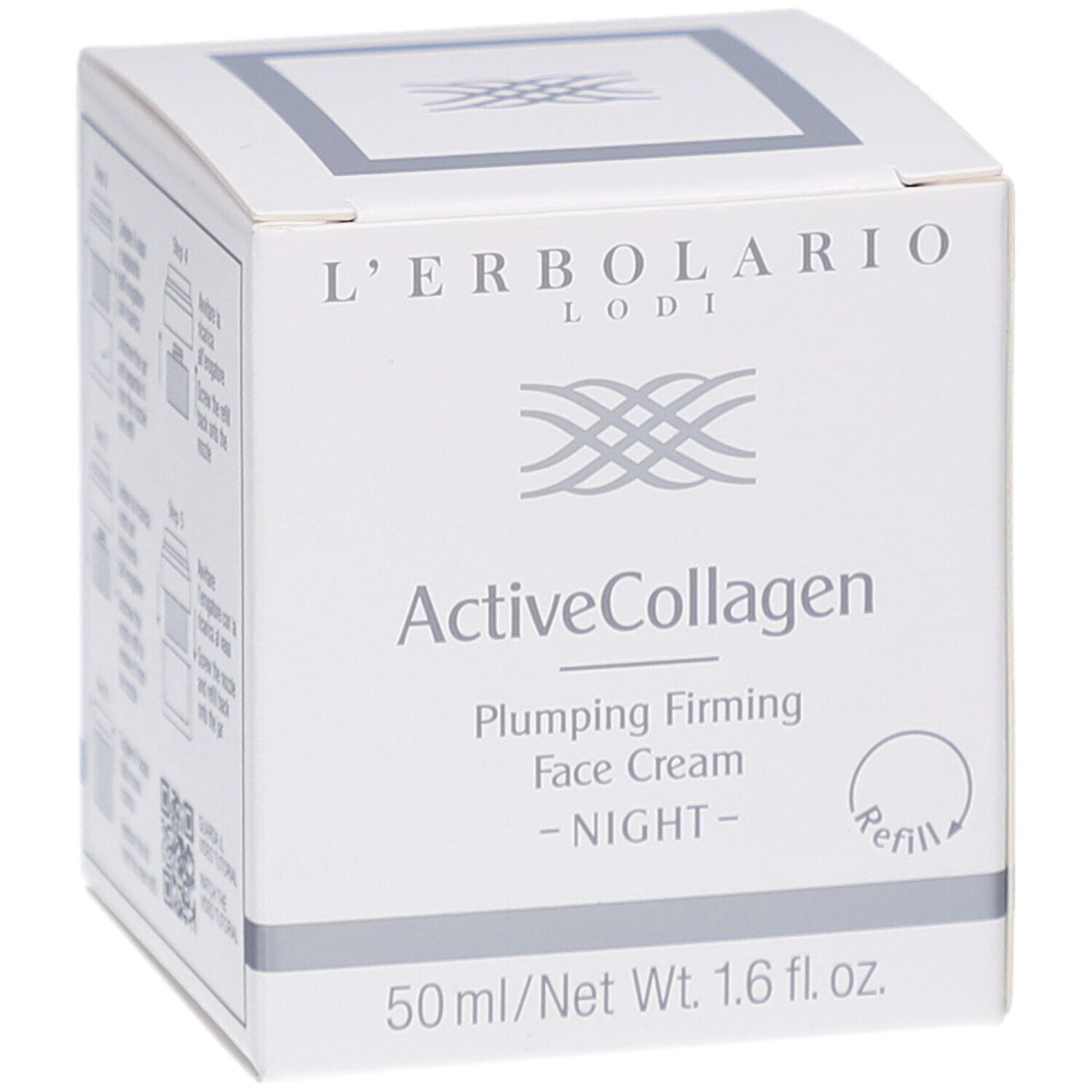 Weißer Karton mit ActiveCollagen, Nachtcreme. Marke L'Erbolario. 50ml/1.6 fl.oz. Refill-Symbol.