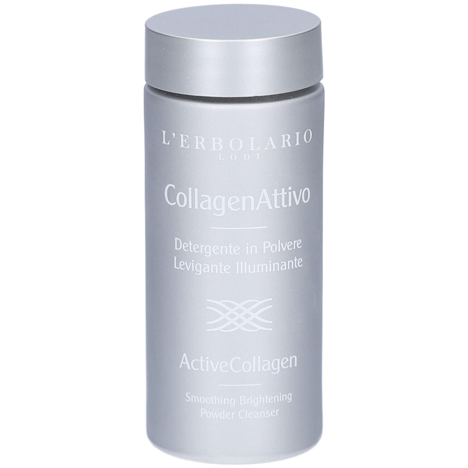 Zylindrische Flasche mit Deckel. Aufschrift: L'Erbolario, CollagenAttivo, ActiveCollagen. Glänzende, silberne Oberfläche.
