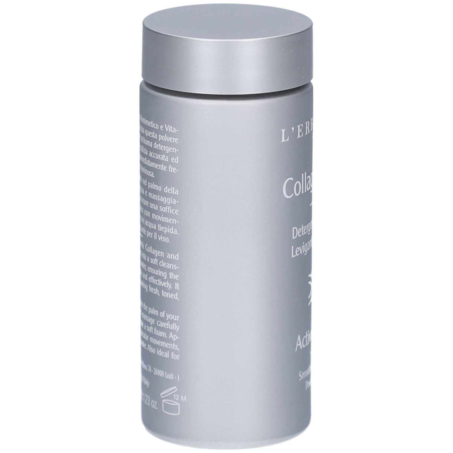 Zylindrische Flasche, silberfarben. Text auf Italienisch. Produktname: CollagenAttivo, ActiveCollagen. Deckel oben.