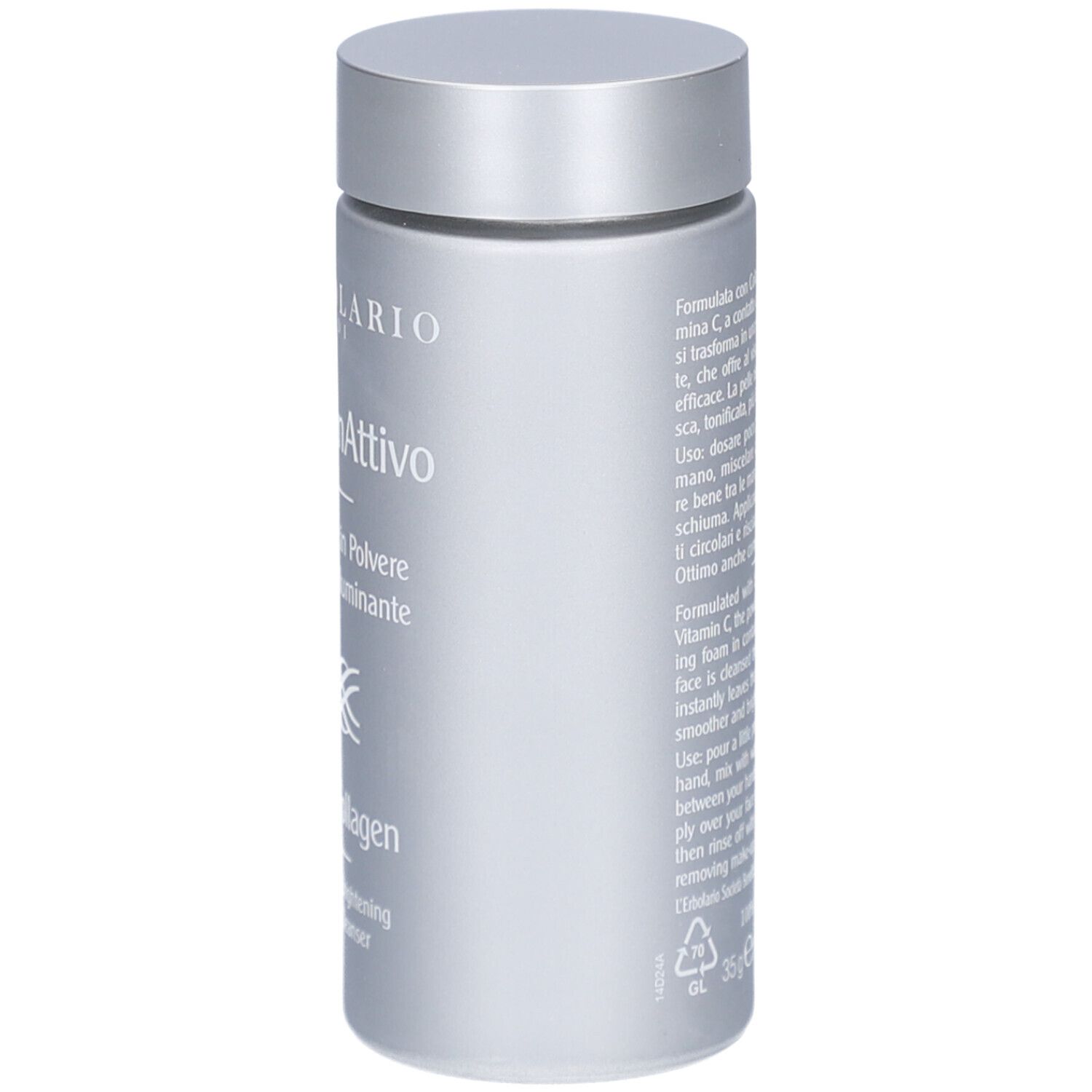 Zylindrische Flasche, silberfarben. Text auf Italienisch. Produktname: CollagenAttivo, ActiveCollagen. Deckel oben.
