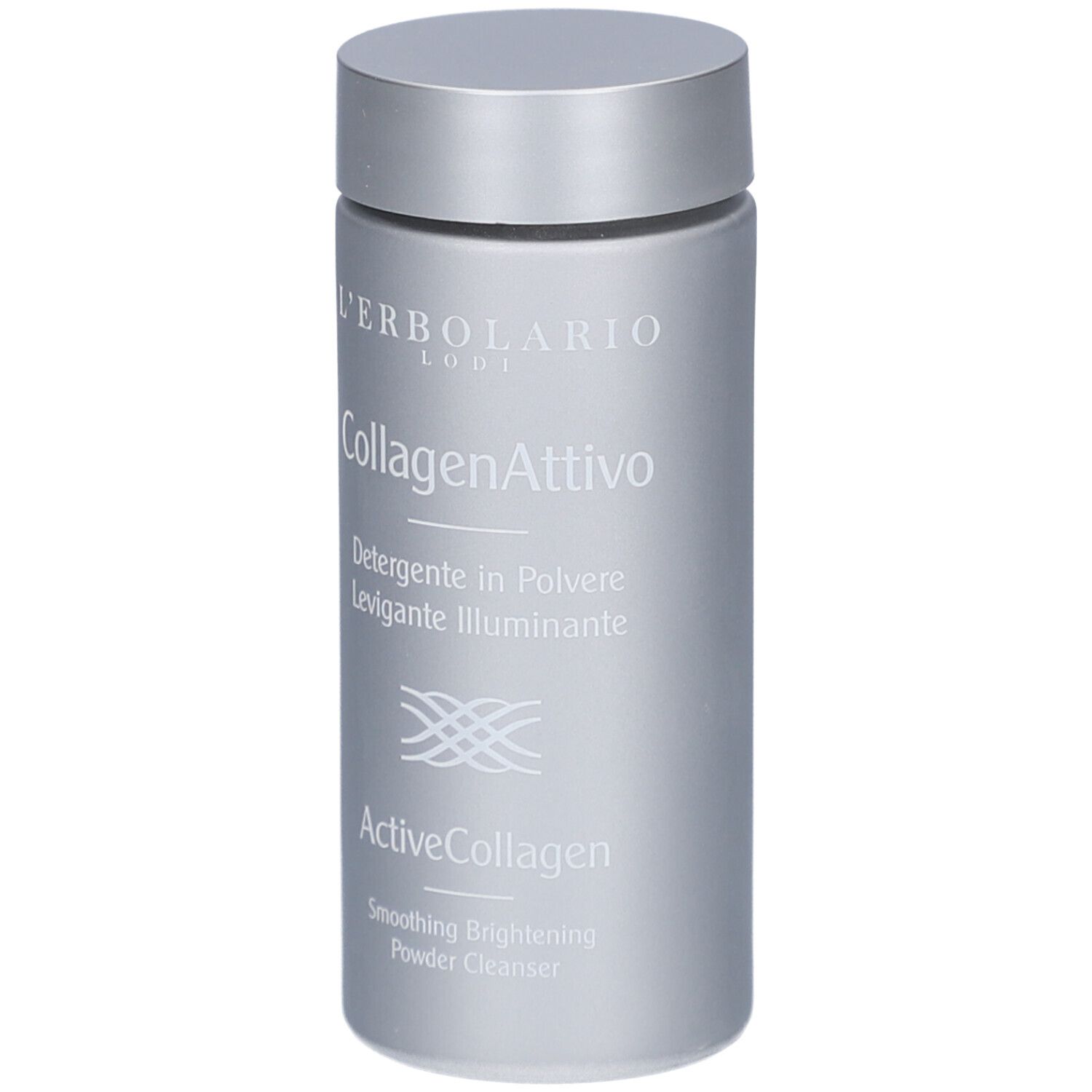 Zylindrische Flasche, silberfarben. Aufschrift: L'Erbolario, CollagenAttivo, ActiveCollagen. Deckel oben.