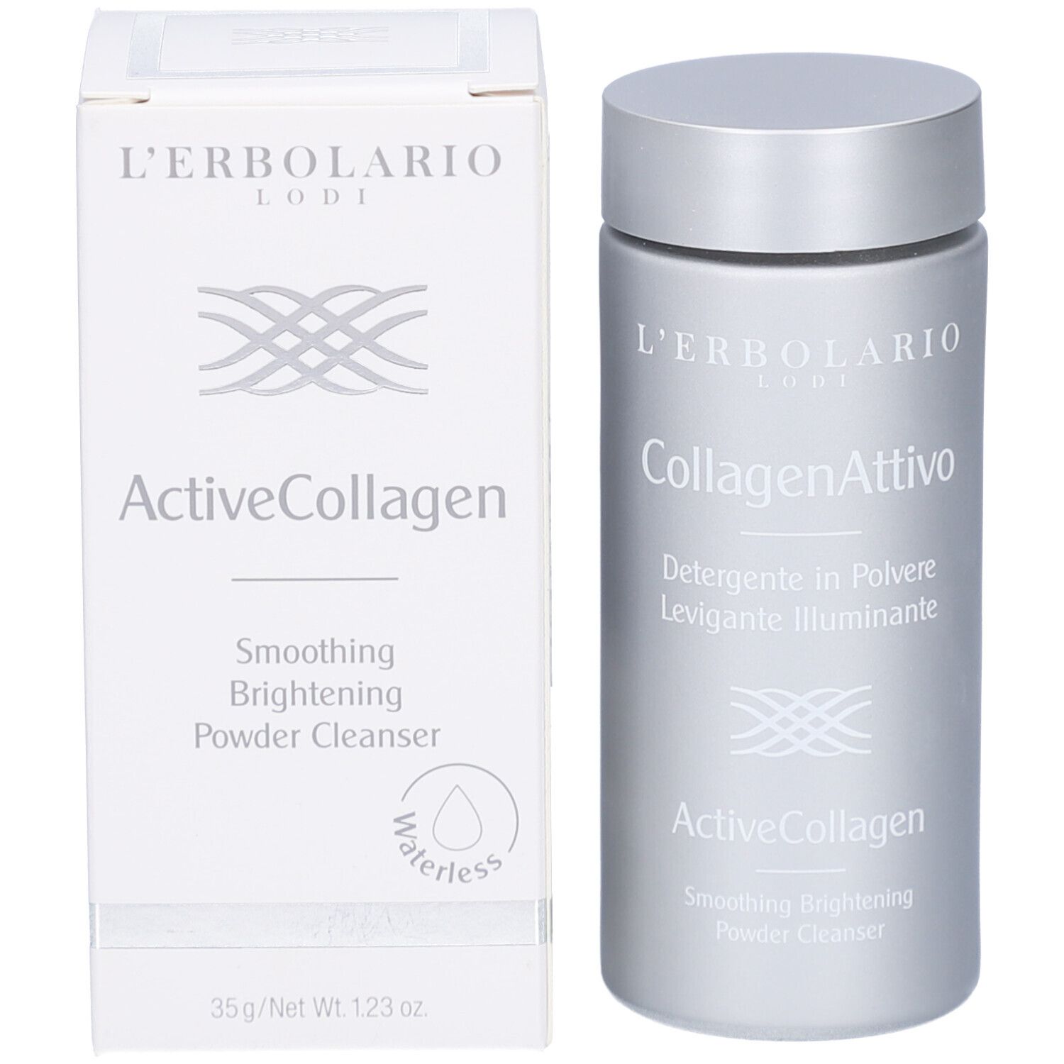 Produktverpackung und Flasche. Verpackung: weiß, rechteckig. Flasche: silber, zylindrisch. Aufschrift: ActiveCollagen.