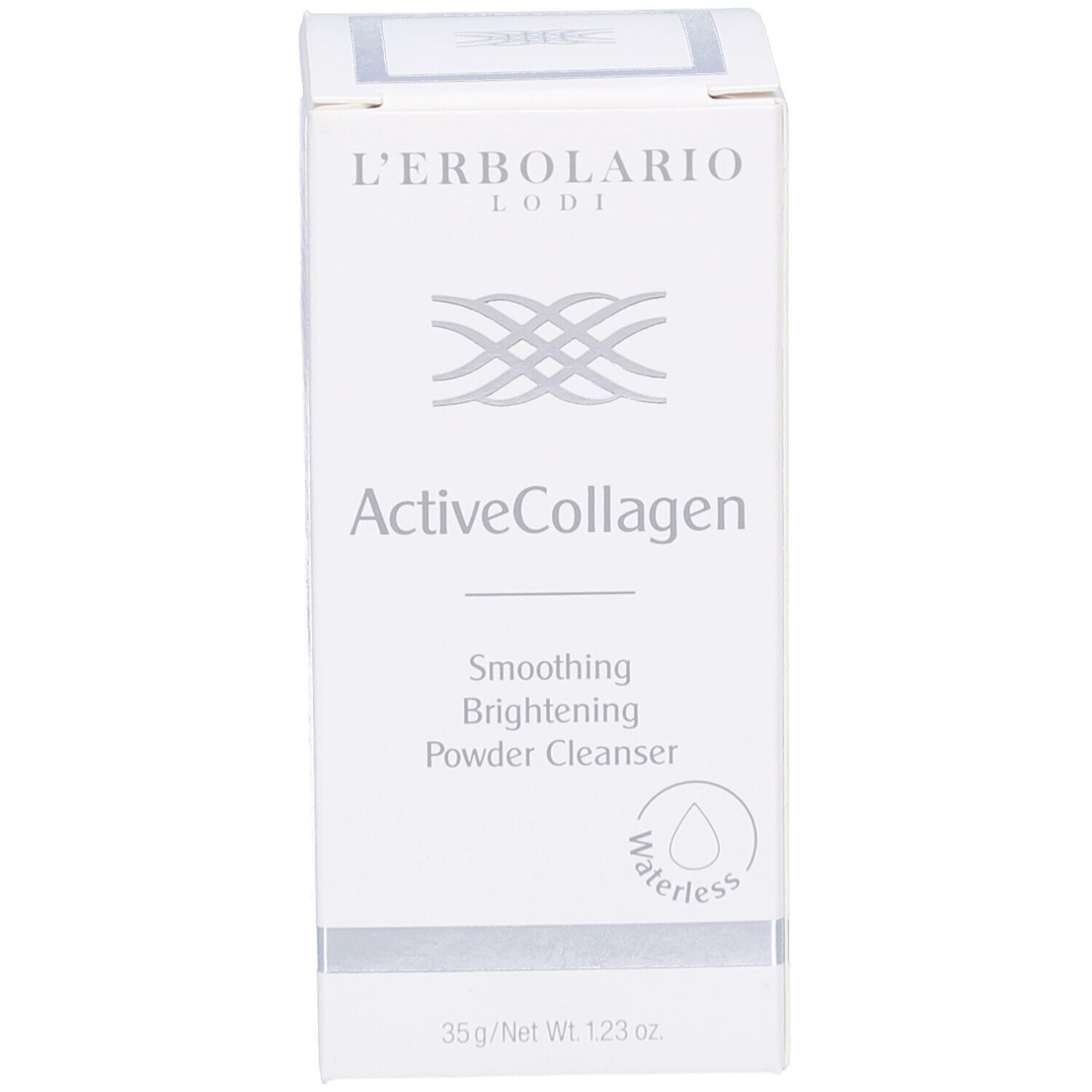 Weiße, rechteckige Produktverpackung. Aufschrift: L'Erbolario, ActiveCollagen. Logo. Text: Smoothing Brightening Powder Cleanser.