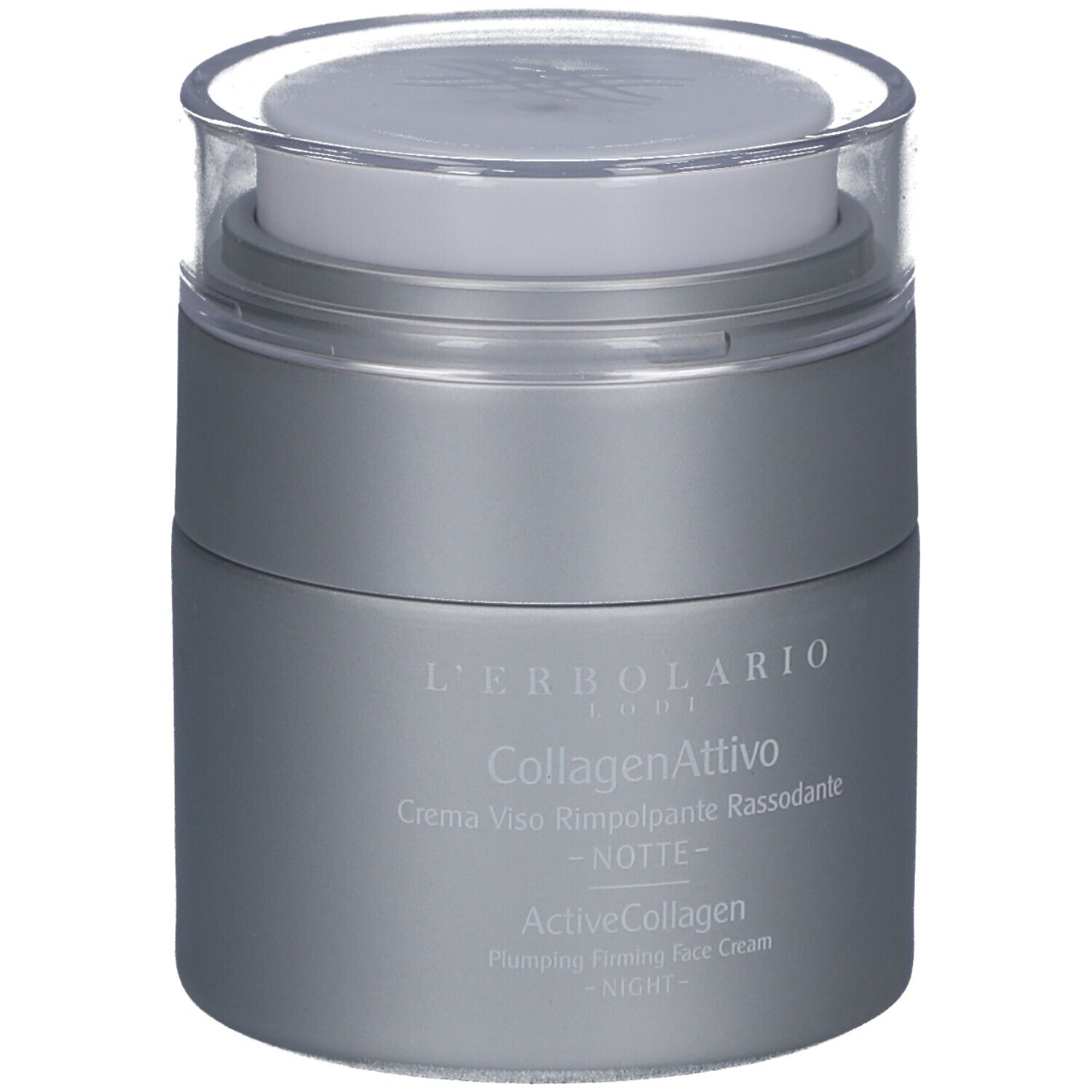 Cremebehälter mit transparentem Deckel. Aufschrift: L'Erbolario, CollagenAttivo, Active Collagen, Nachtcreme.