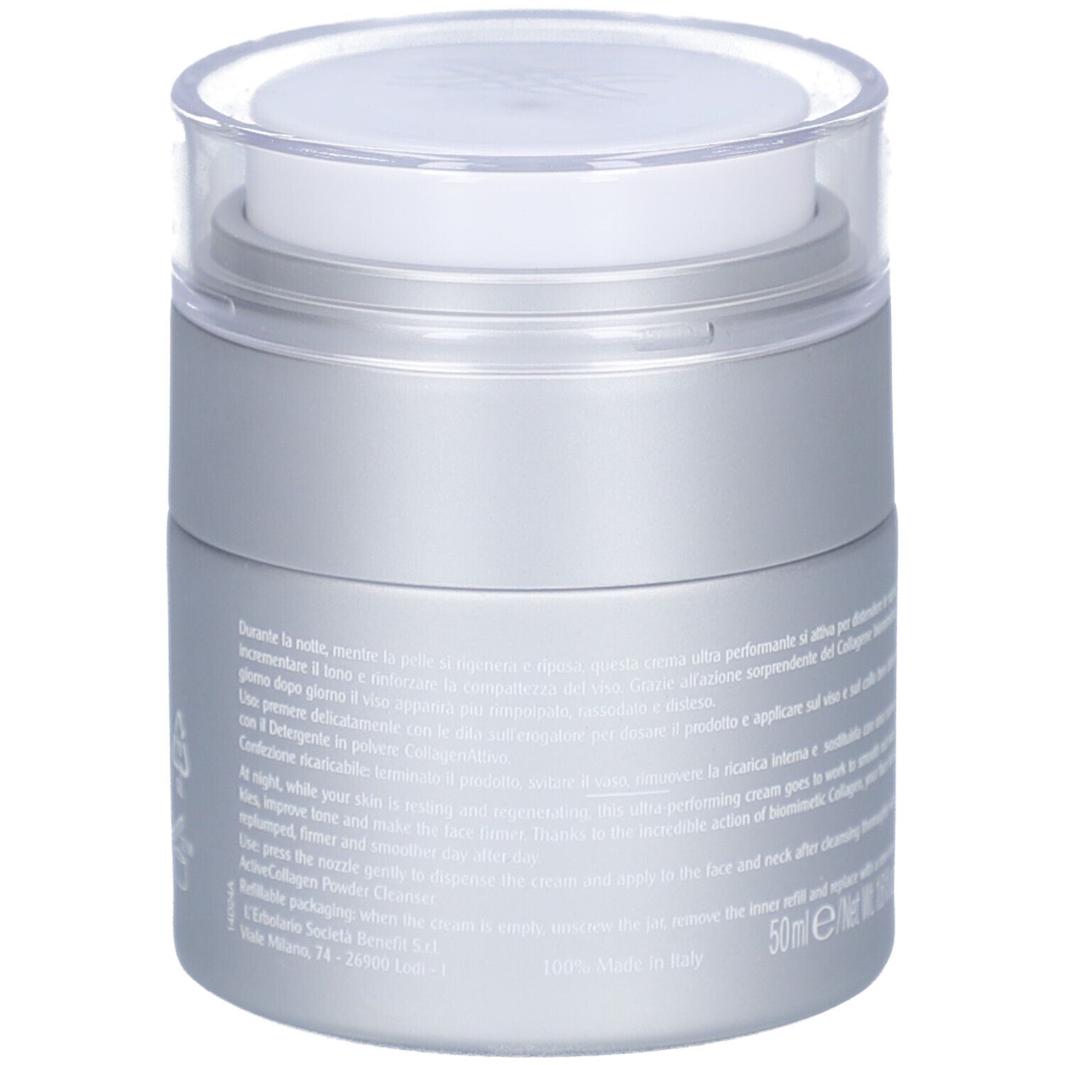 Silberfarbener Cremetiegel mit transparentem Deckel. Text auf der Rückseite.