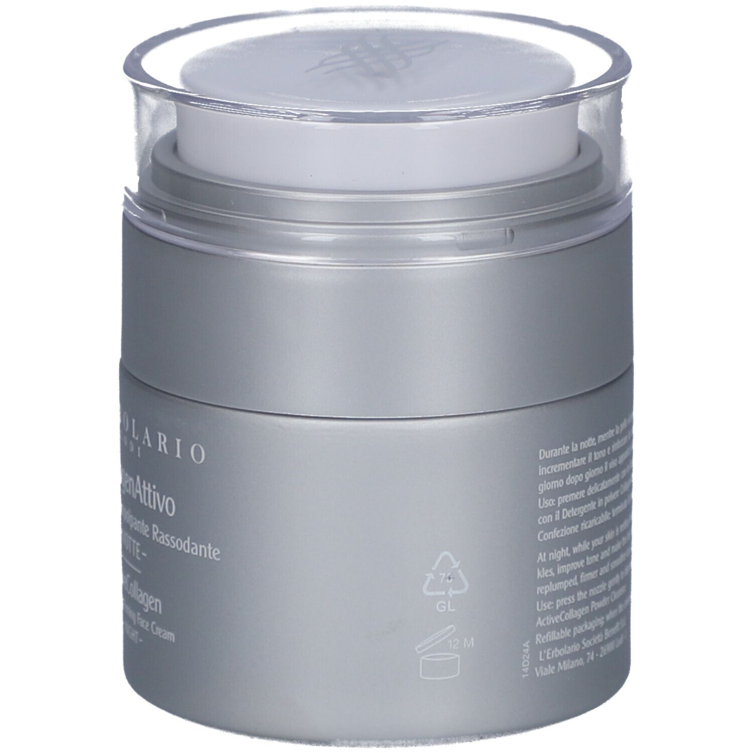 Silberfarbener Cremetiegel mit transparentem Deckel. Text auf der Rückseite.