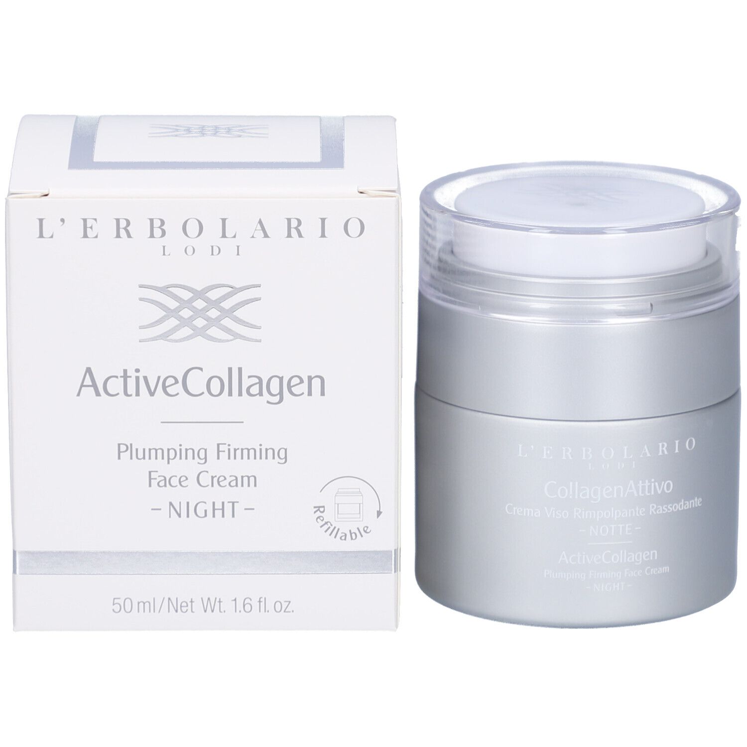 Cremetiegel und Schachtel. Aufschrift: L'Erbolario, Active Collagen, Nachtcreme. 50ml/1.6 fl.oz. Nachfüllbar.