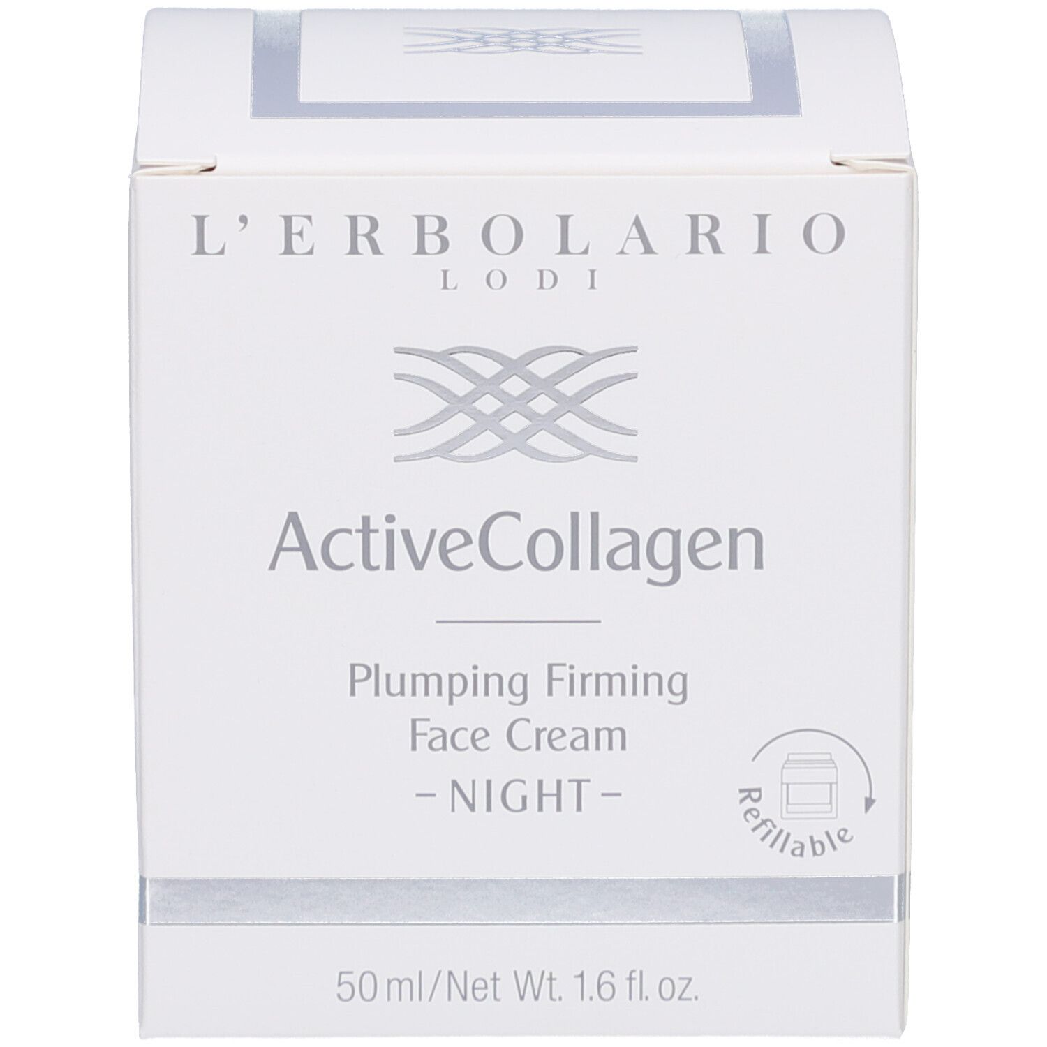Weiße Schachtel mit Aufschrift: L'Erbolario, Active Collagen, Nachtcreme. 50ml/1.6 fl.oz. Nachfüllbar.