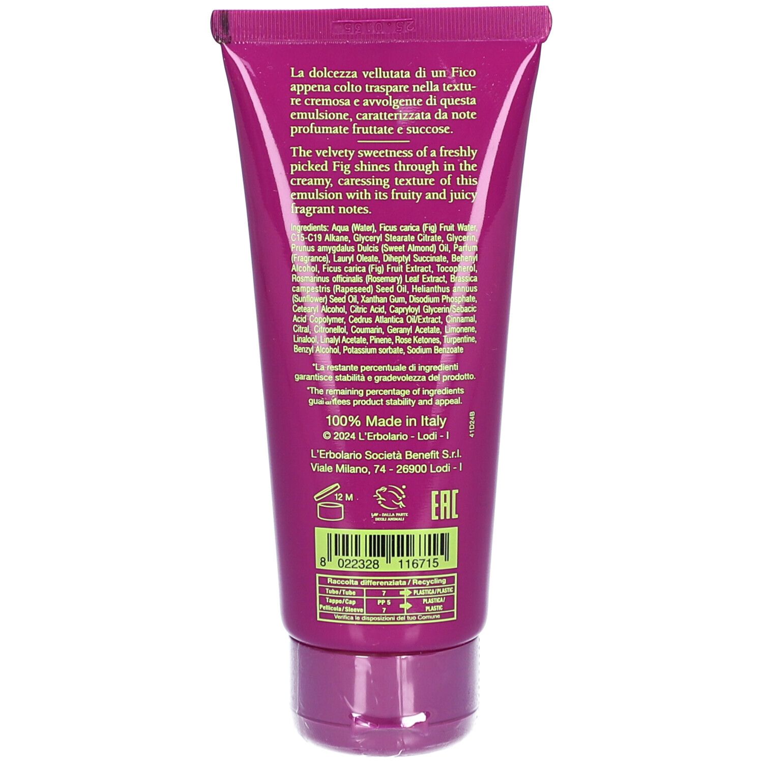 Rückseite der Tube. Text in italienischer und englischer Sprache. Inhaltsstoffe und Herstellerinformationen. Hergestellt in Italien.