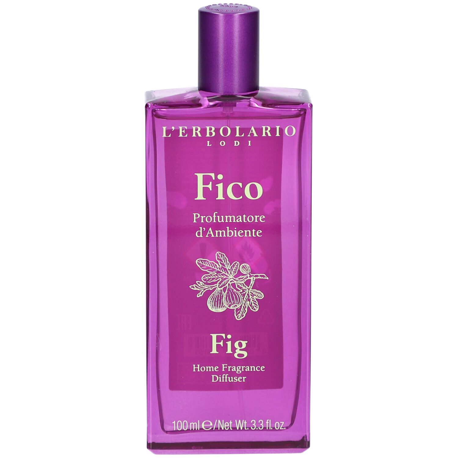 Flasche mit lila Flüssigkeit. Aufschrift: Fico, Profumatore d'Ambiente, Fig. Illustration von Feigen. Marke L'Erbolario.