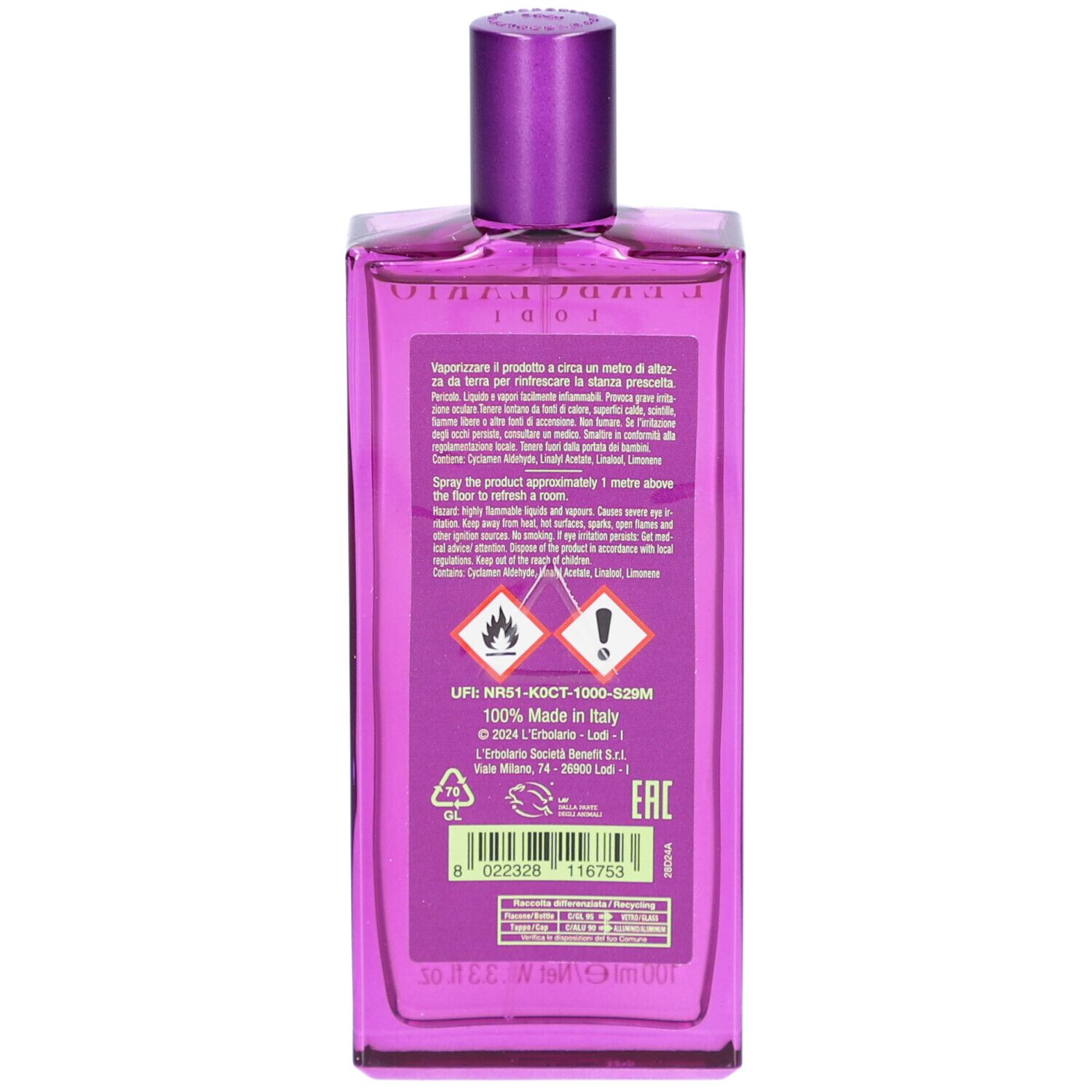 Rückseite der Flasche. Text und Piktogramme. Warnhinweise: leicht entzündlich, Reizung. Hergestellt in Italien. Marke L'Erbolario.
