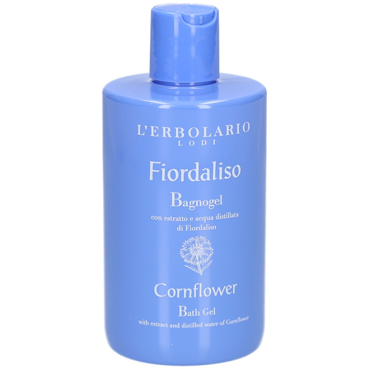 Hellblaues Bade-/Duschgel mit Klappverschluss. Aufschrift: L'Erbolario, Fiordaliso, Bagnogel, Cornflower Bath Gel.