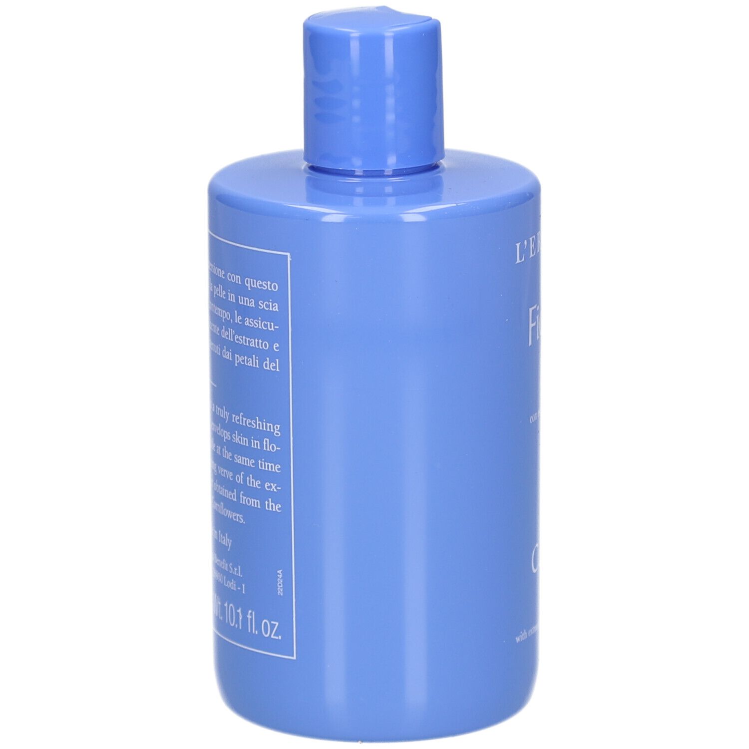 Hellblaues Bade-/Duschgel. Rückseite mit Text. Aufschrift: L'Erbolario, Fiordaliso, Bagnogel, 10.1 fl oz.