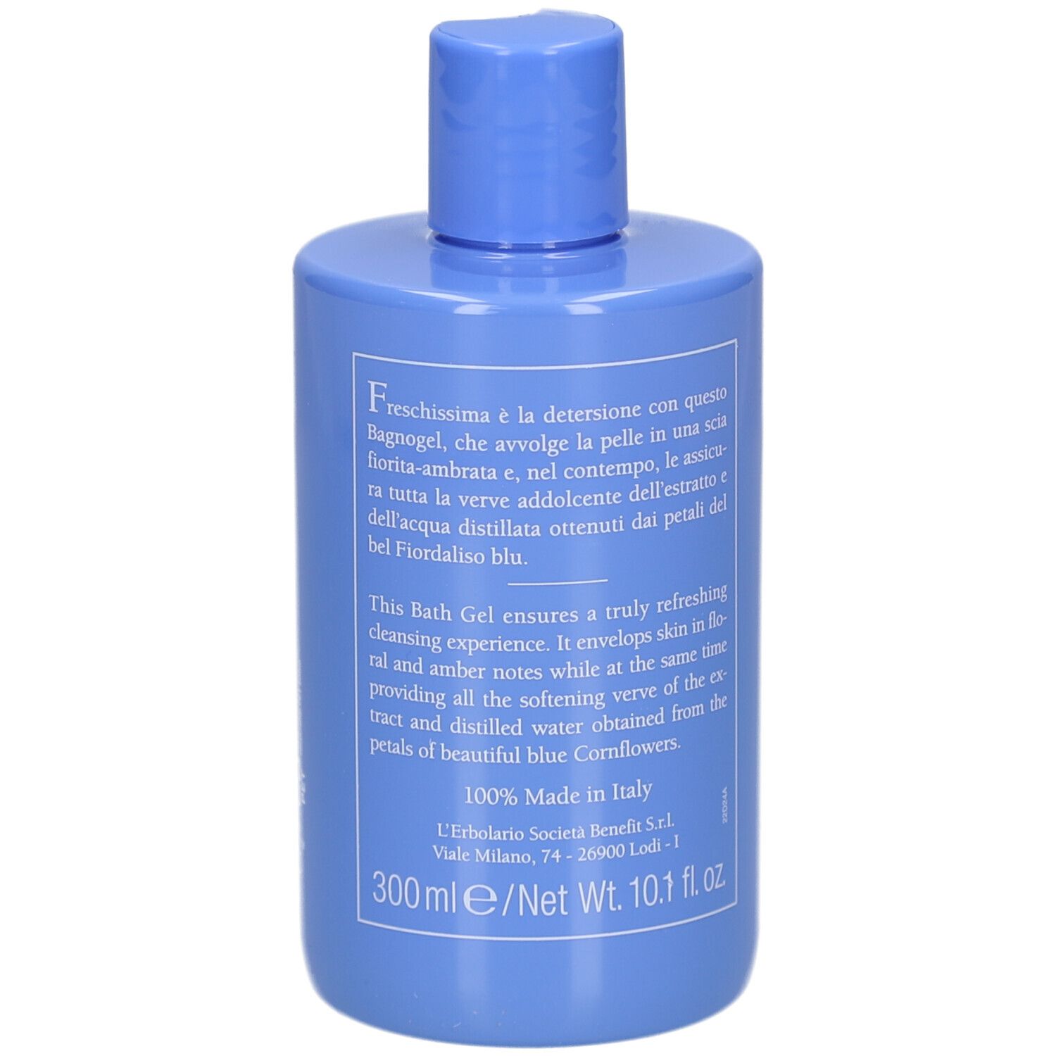 Hellblaues Bade-/Duschgel. Rückseite mit Text. Aufschrift: L'Erbolario, Fiordaliso, Bagnogel, 300 ml/Net 10.1 fl oz.